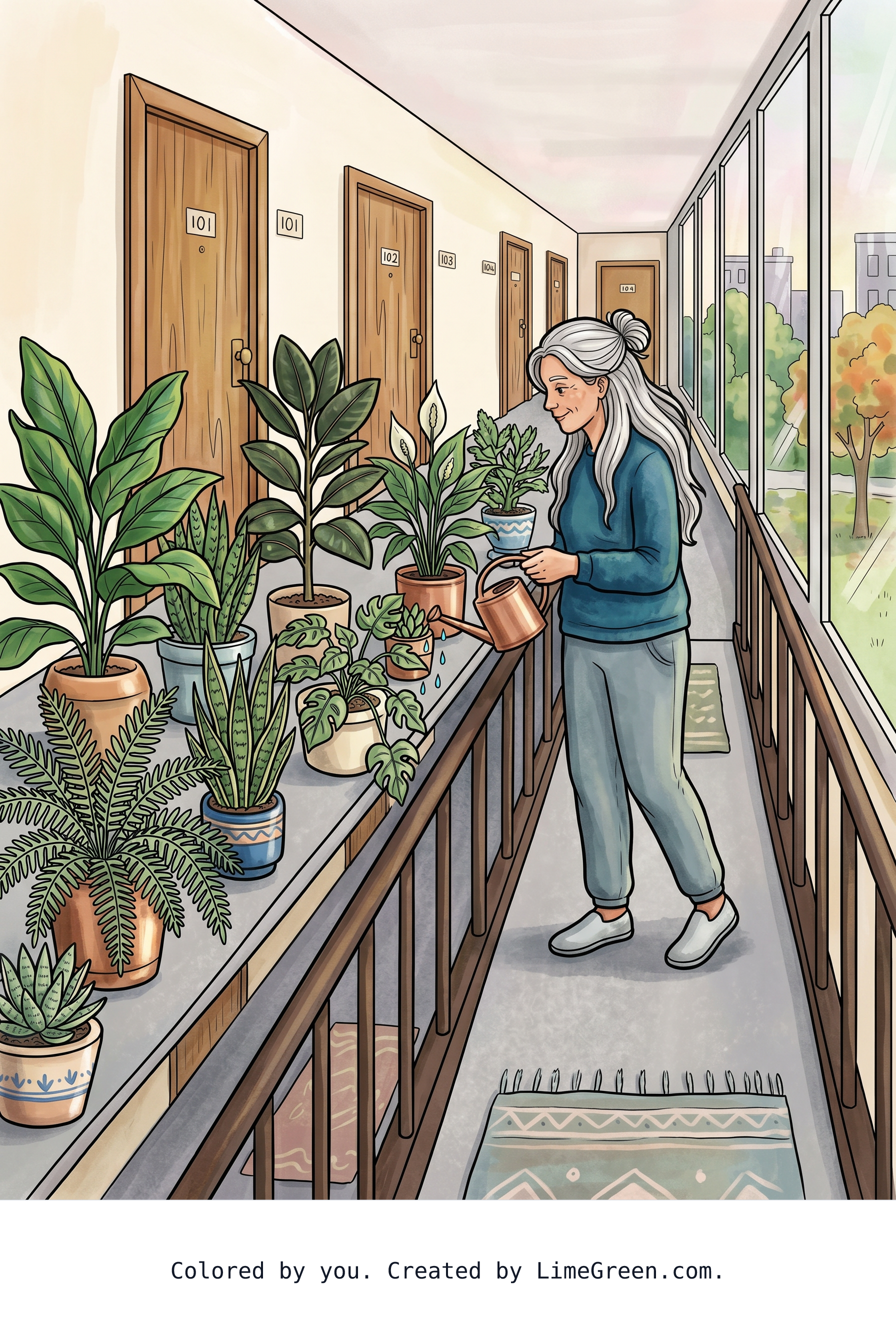 Colored preview of A mature long haired woman is watering a row of so many different types of houseplant along a hallways shelf that runs parallel with a long wheelchair ramp that sits in front of the apartment doors with full length windows across from the apartment doors of the other residents