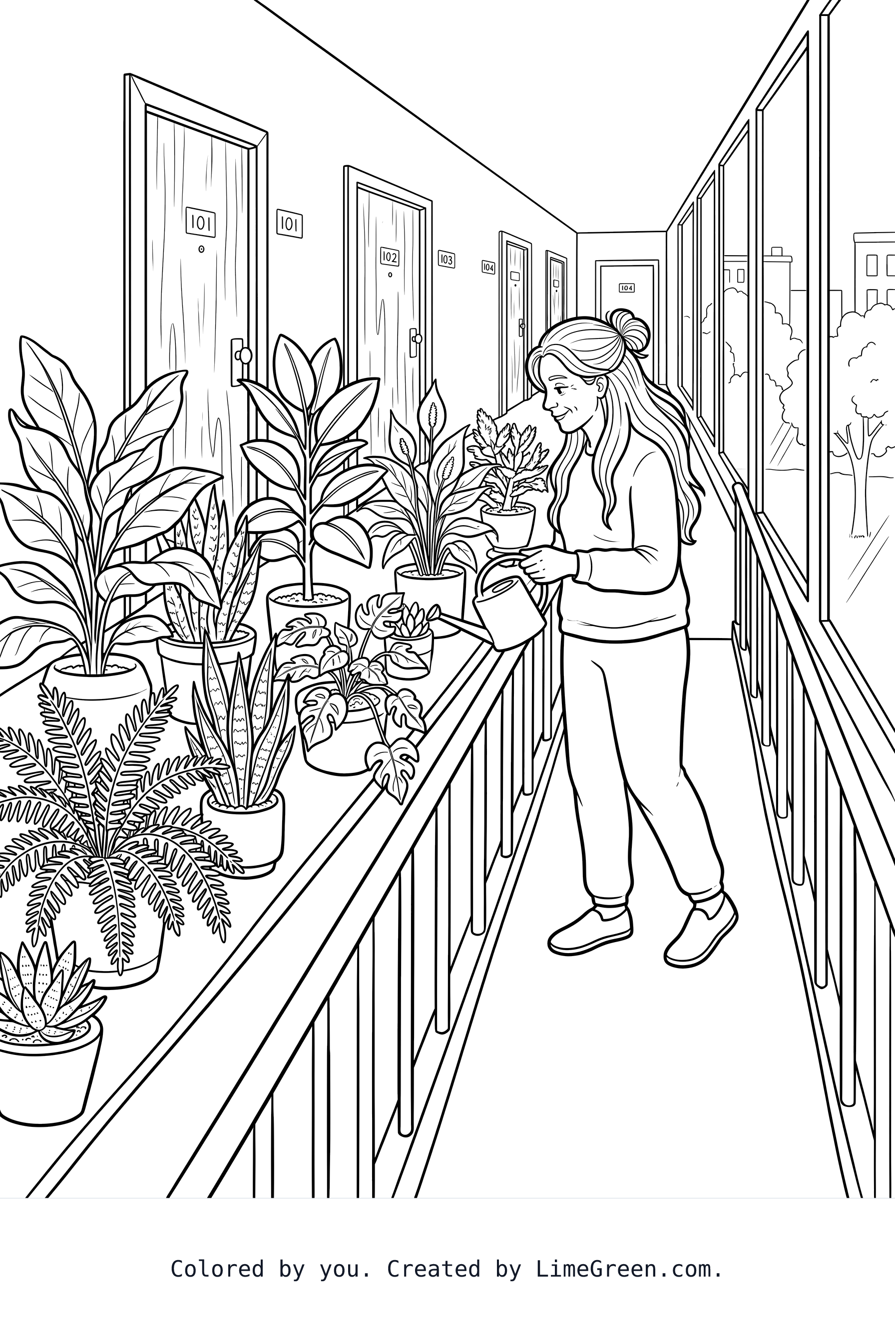 A mature long haired woman is watering a row of so many different types of houseplant along a hallways shelf that runs parallel with a long wheelchair ramp that sits in front of the apartment doors with full length windows across from the apartment doors of the other residents