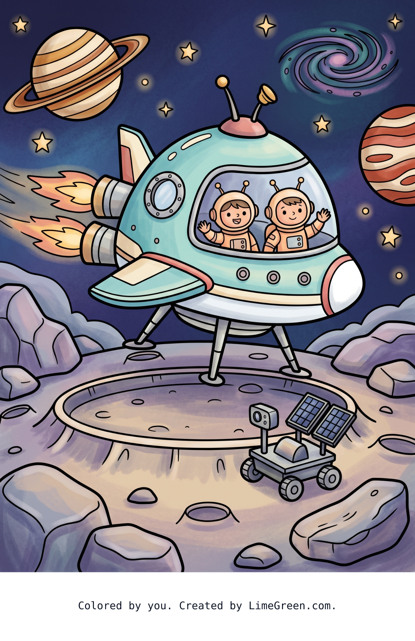 Colored preview of A spaceship landing on the moon.