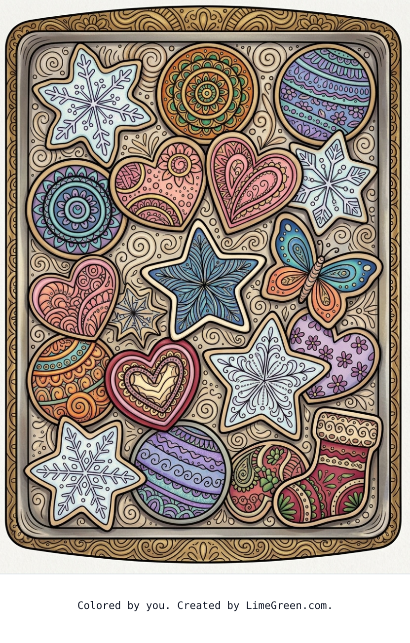 Colored preview of a zentangle style coloring page with frosted cookies arranged on a pan