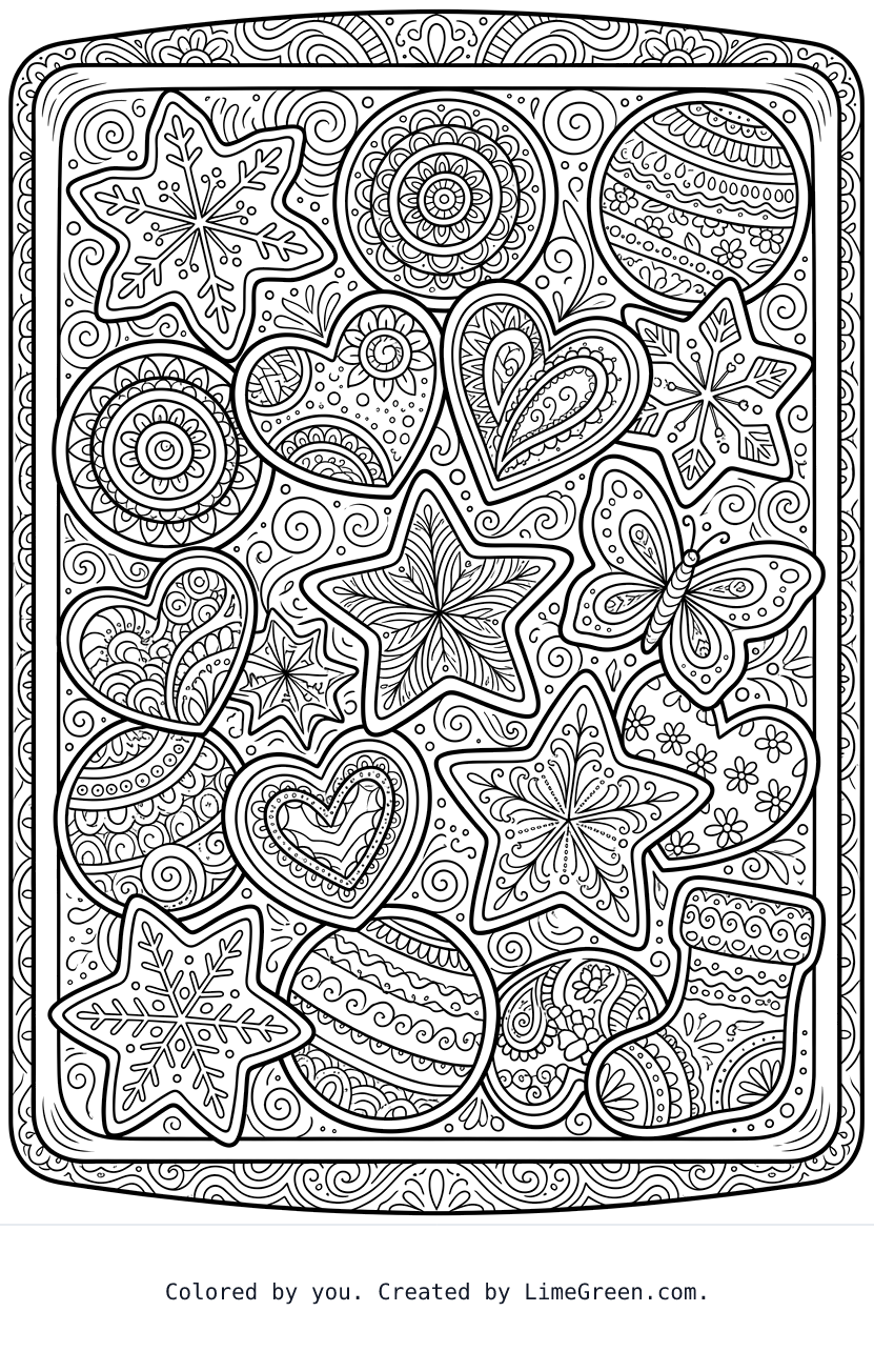 a zentangle style coloring page with frosted cookies arranged on a pan