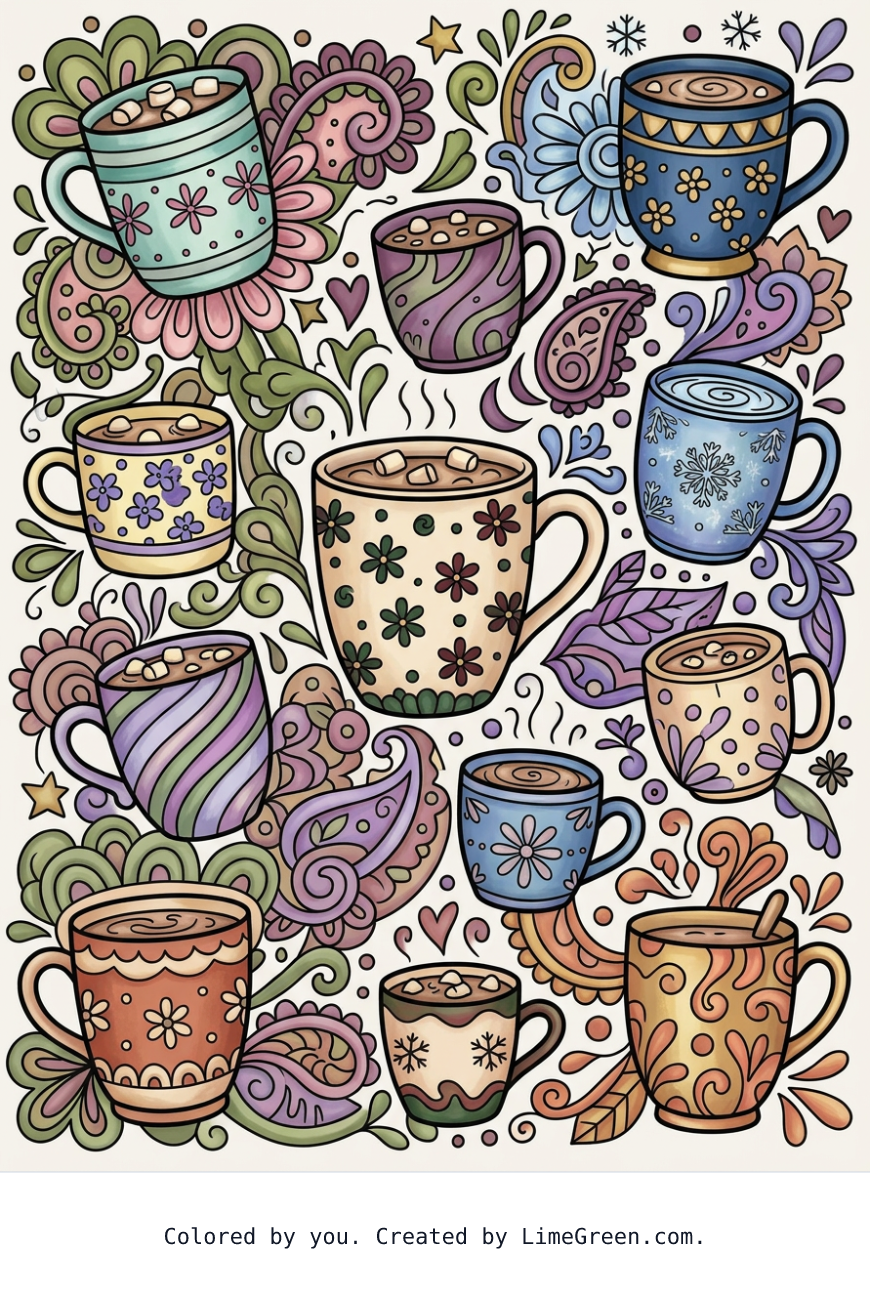 Colored preview of a zentangle style coloring page with hot cocoa mugs scattered around in different sizes