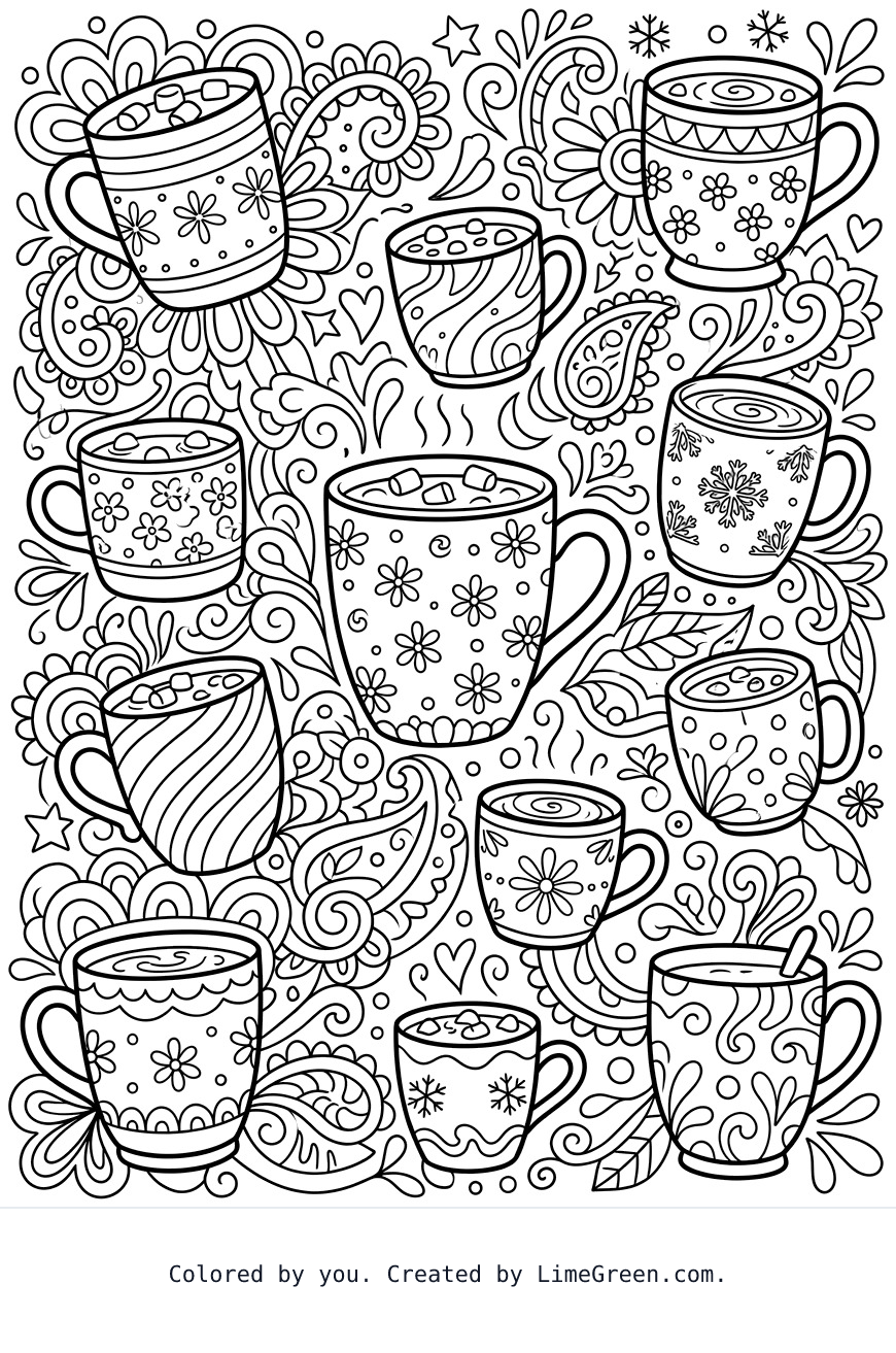 a zentangle style coloring page with hot cocoa mugs scattered around in different sizes