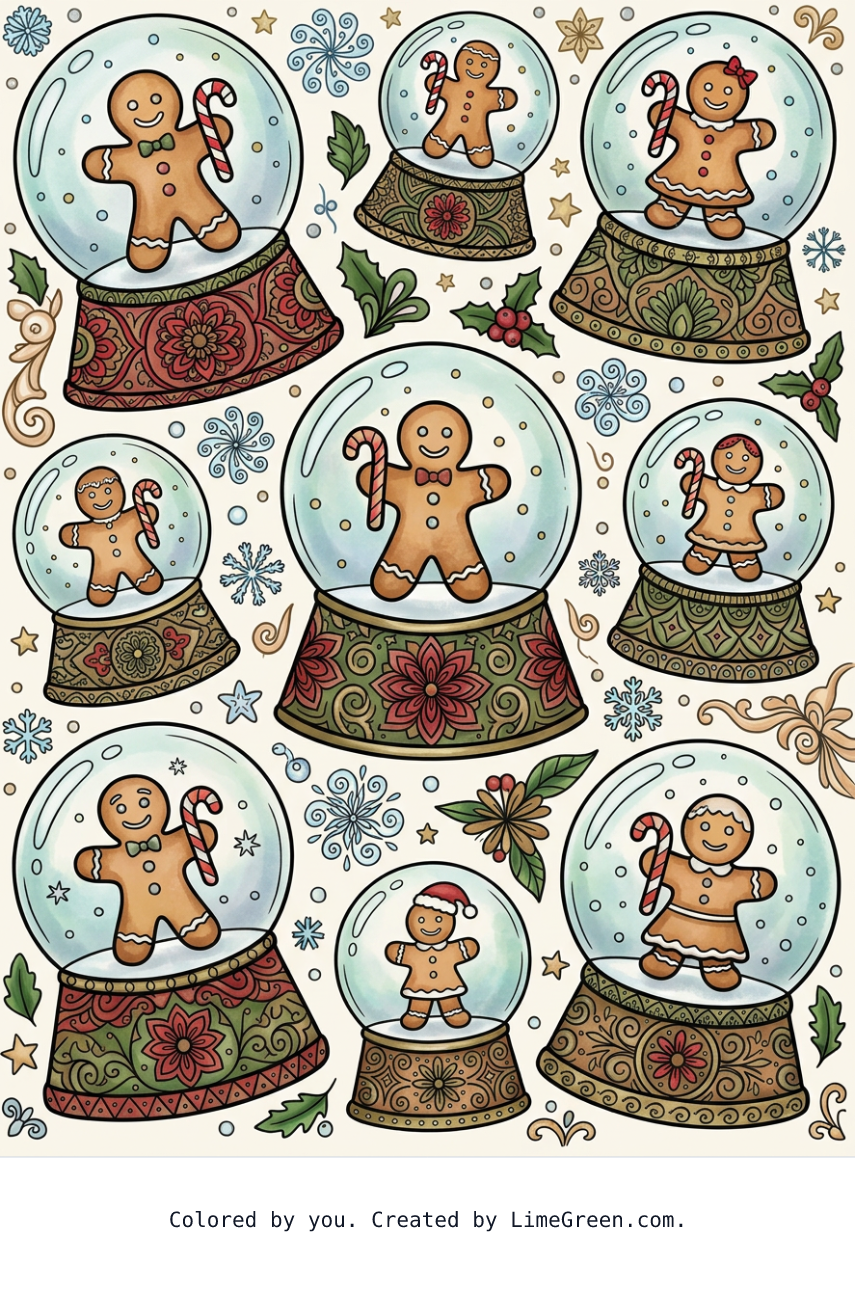 Colored preview of a zentangle style coloring page with snowglobes with gingerbreads inside them scattered around in different sizes