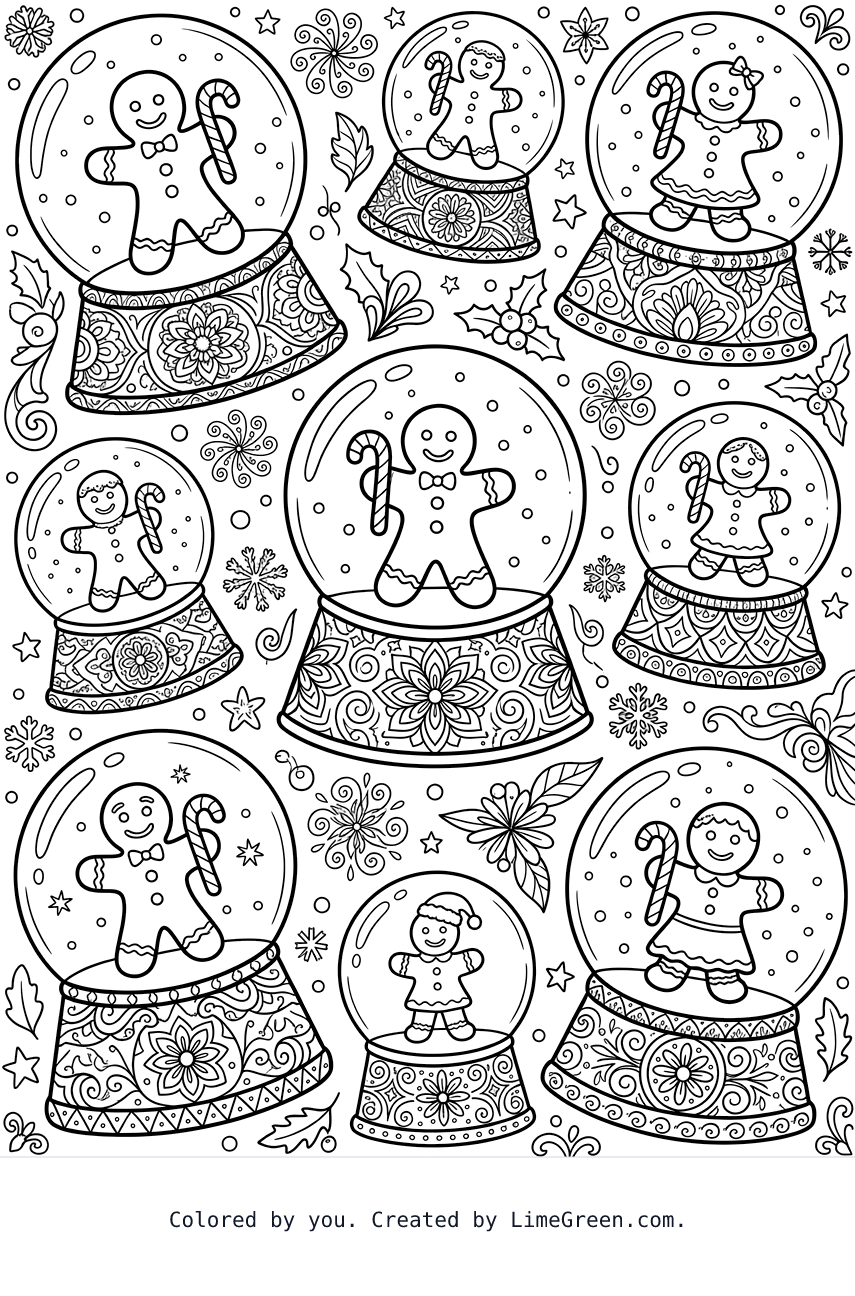 a zentangle style coloring page with snowglobes with gingerbreads inside them scattered around in different sizes