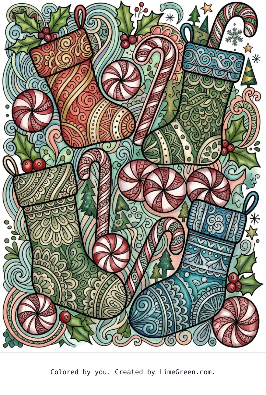 Colored preview of a zentangle style coloring page with peppermint candies, candy canes, and christmas stockings