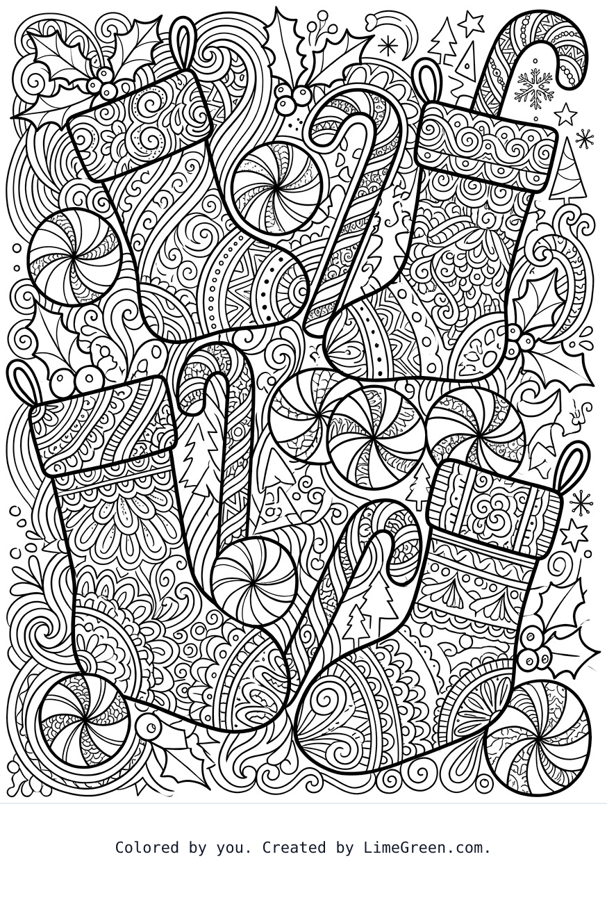 a zentangle style coloring page with peppermint candies, candy canes, and christmas stockings