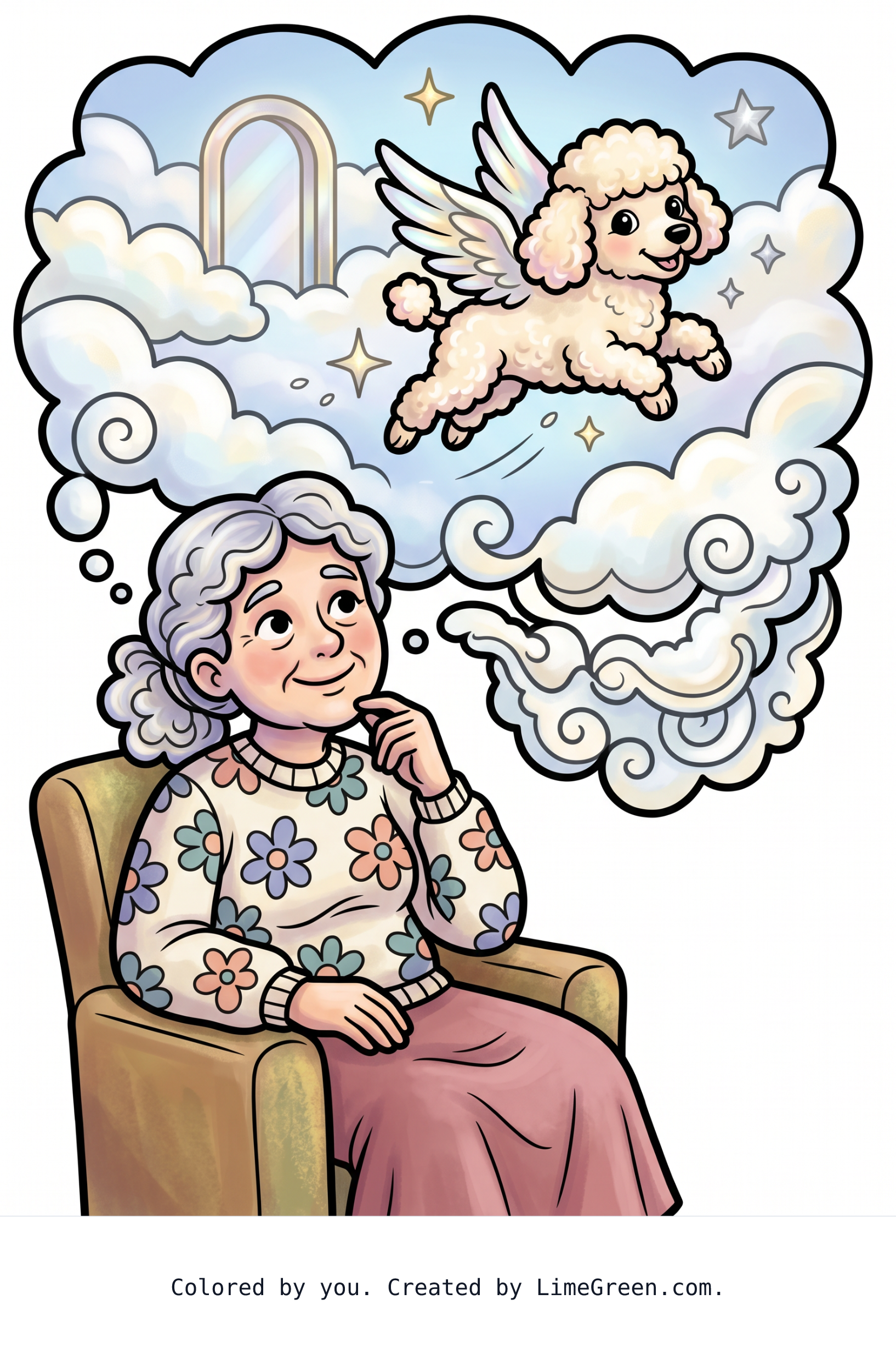 Colored preview of an old lady thinking about her small poodle with wings in heaven in the background