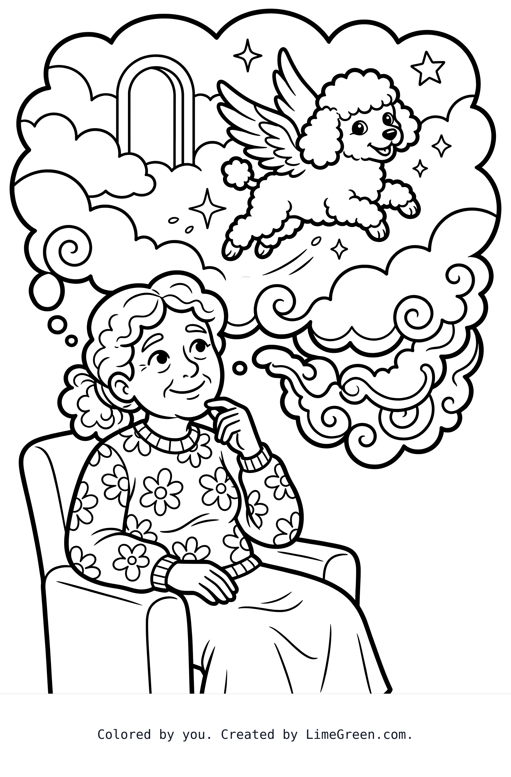 an old lady thinking about her small poodle with wings in heaven in the background