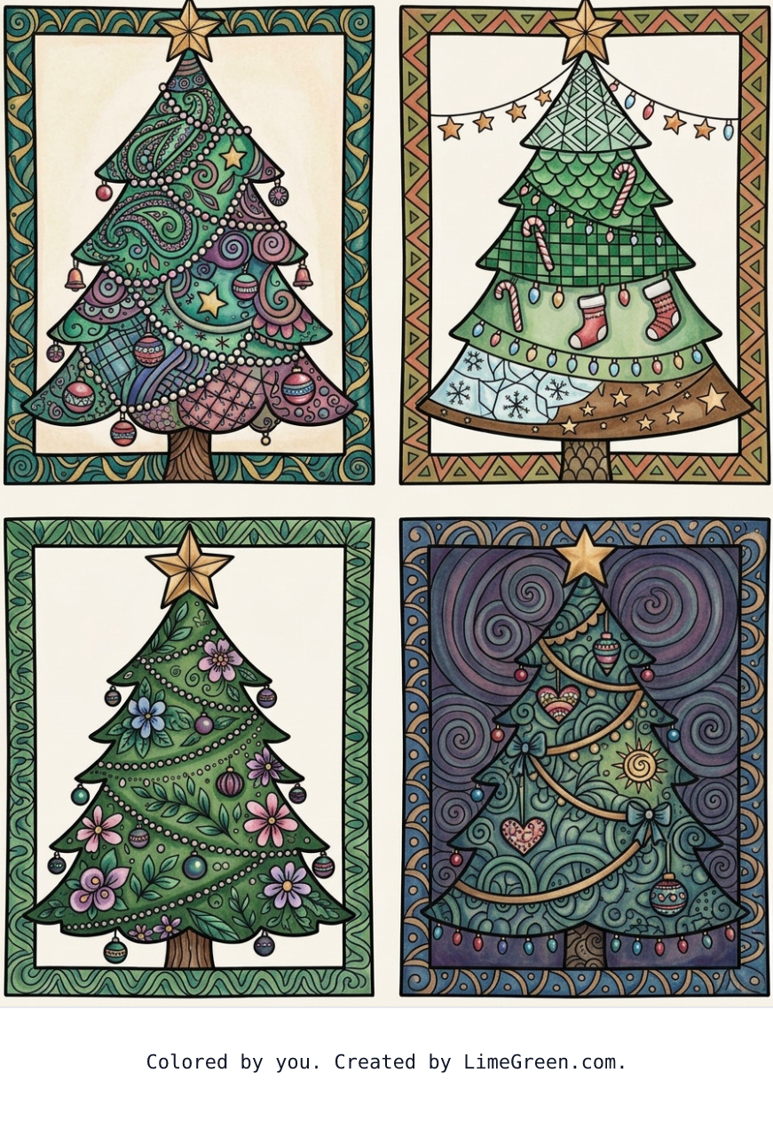 Colored preview of 4 separate frames on a page, each with a unique zentangle christmas tree that has garland, lights, and ornaments