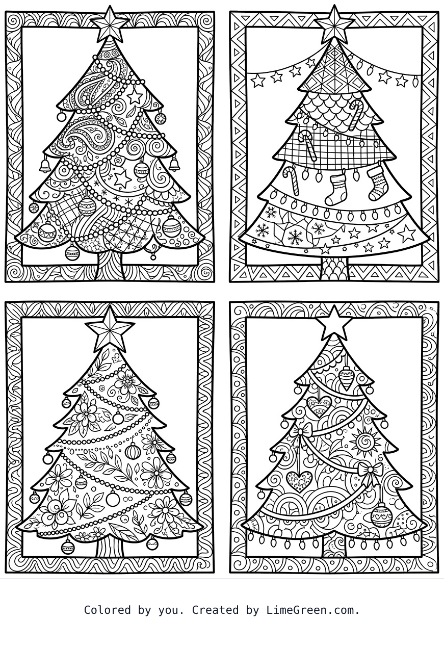 4 separate frames on a page, each with a unique zentangle christmas tree that has garland, lights, and ornaments