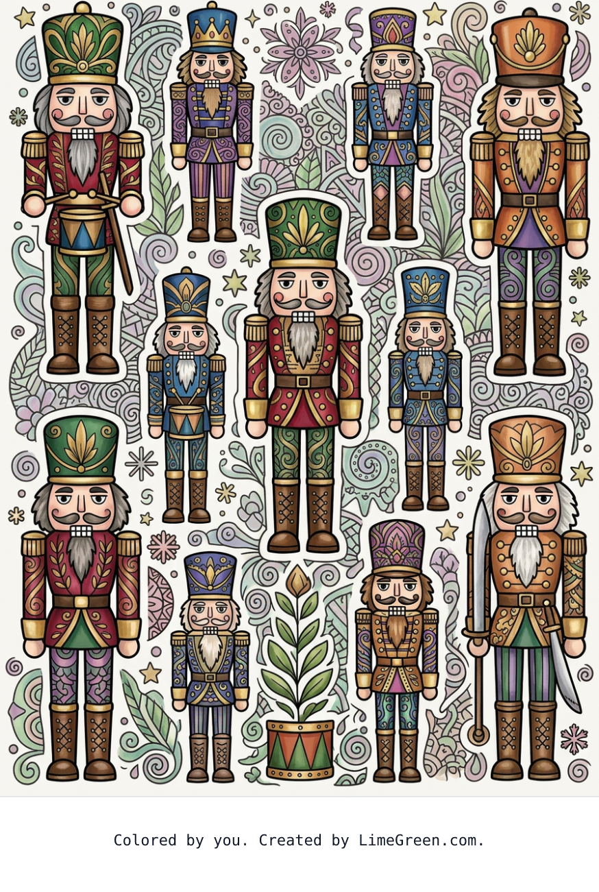 Colored preview of a zentangle style coloring page with nutcrackers scattered around in different sizes