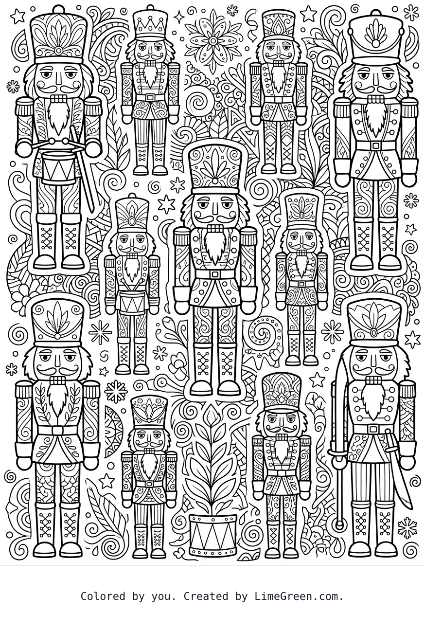 a zentangle style coloring page with nutcrackers scattered around in different sizes