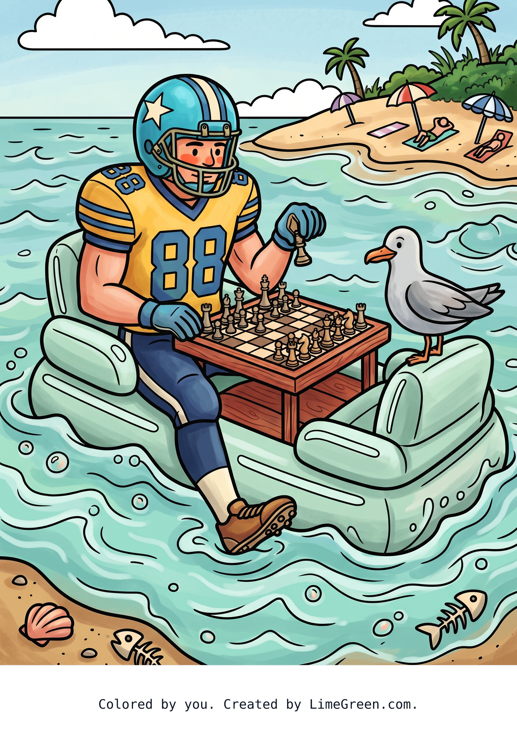 Colored preview of A football player playing chess while swimming at the beach