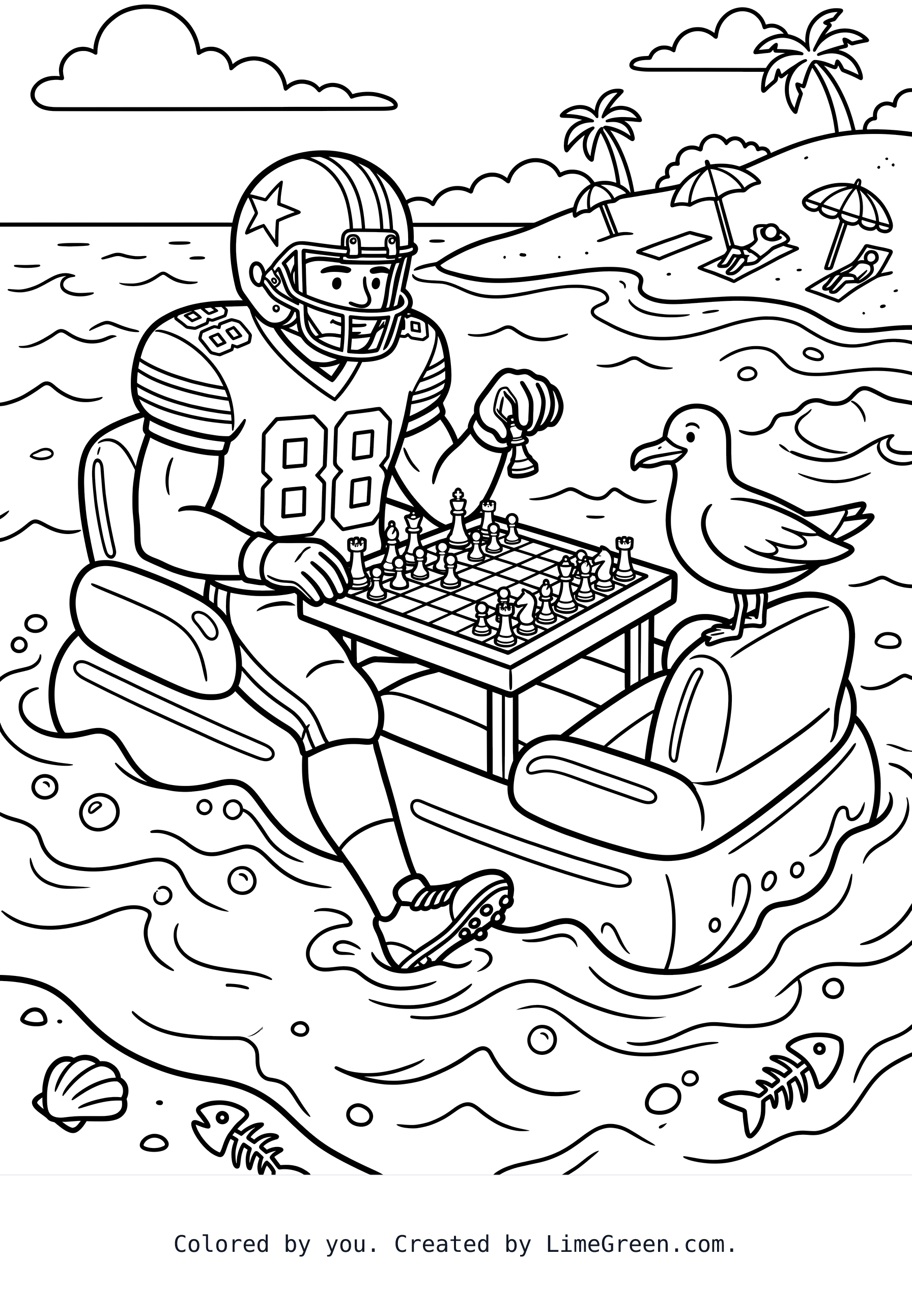 A football player playing chess while swimming at the beach
