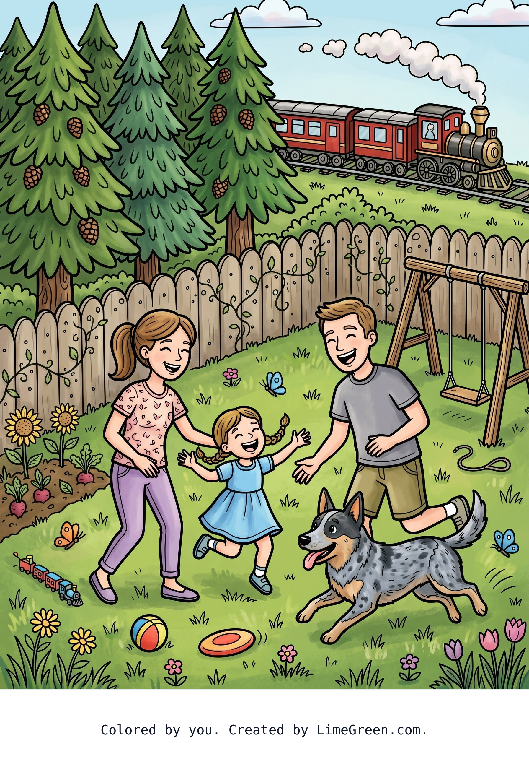 Colored preview of A young family of a mom and dad with a 4yr old girl playing outside in the backyard with large pine type trees along the back of yard where the train runs behind them with there big big Australian heeler dog