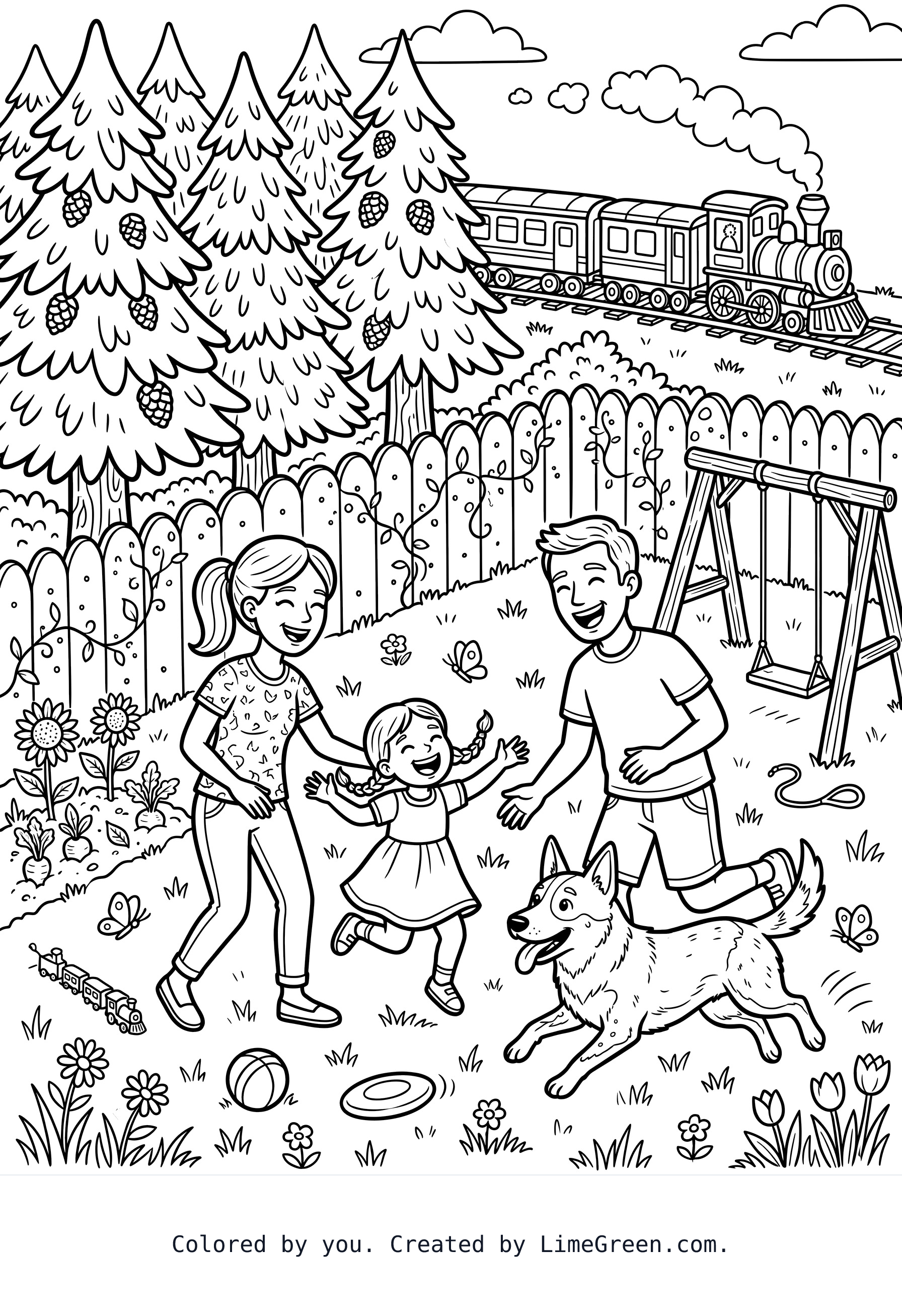 A young family of a mom and dad with a 4yr old girl playing outside in the backyard with large pine type trees along the back of yard where the train runs behind them with there big big Australian heeler dog