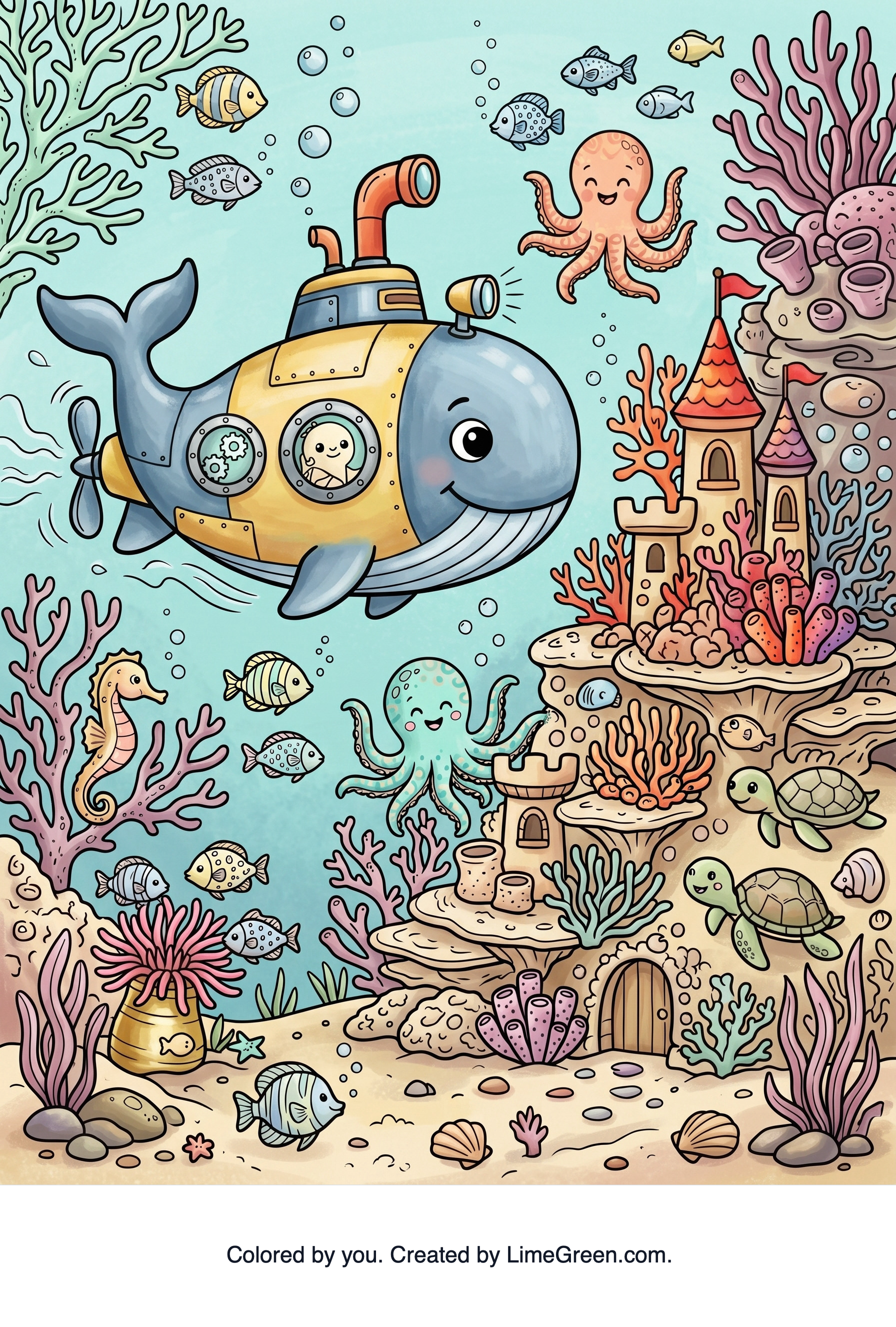 Colored preview of A whale-shaped submarine exploring a coral castle with friendly fish