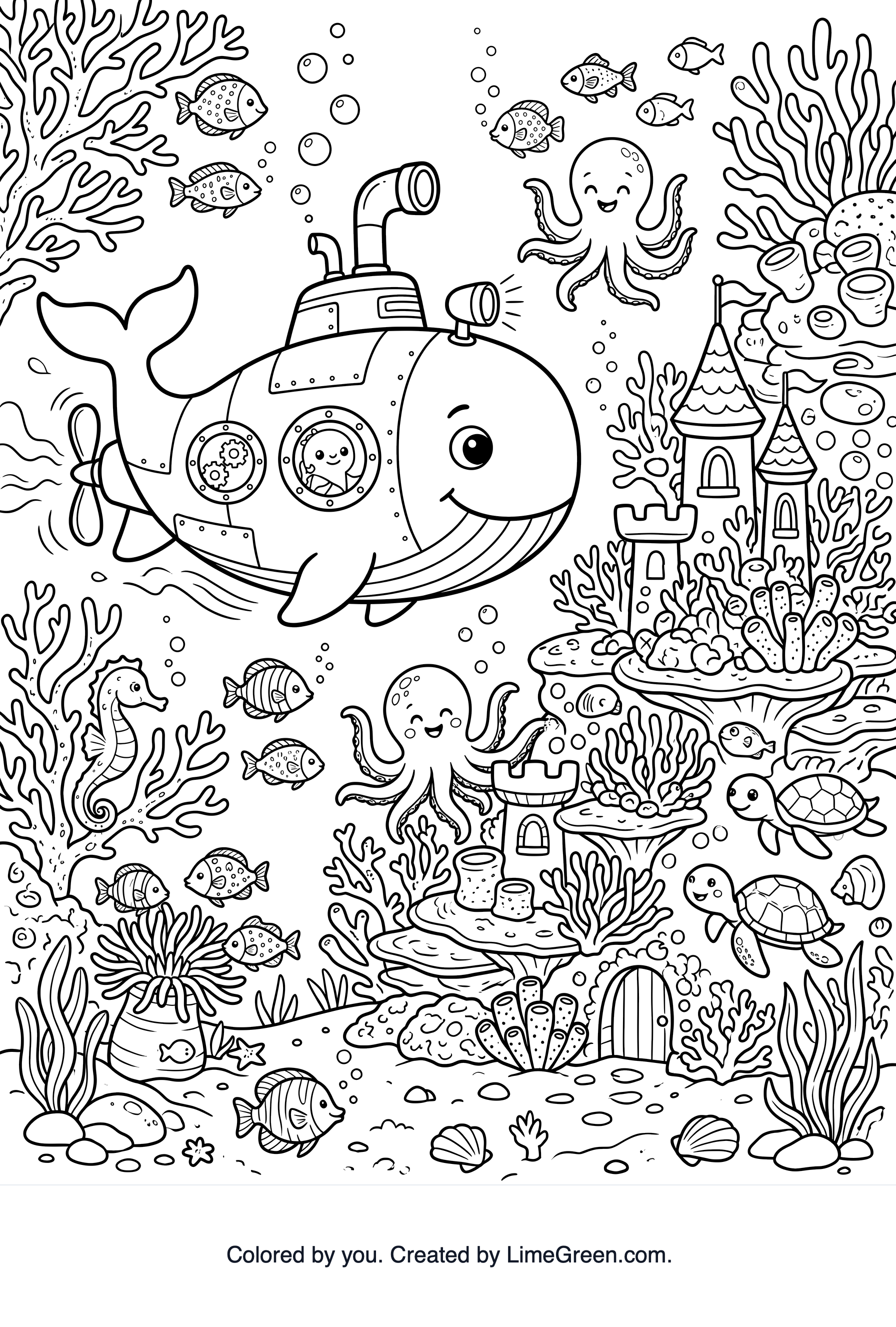 A whale-shaped submarine exploring a coral castle with friendly fish