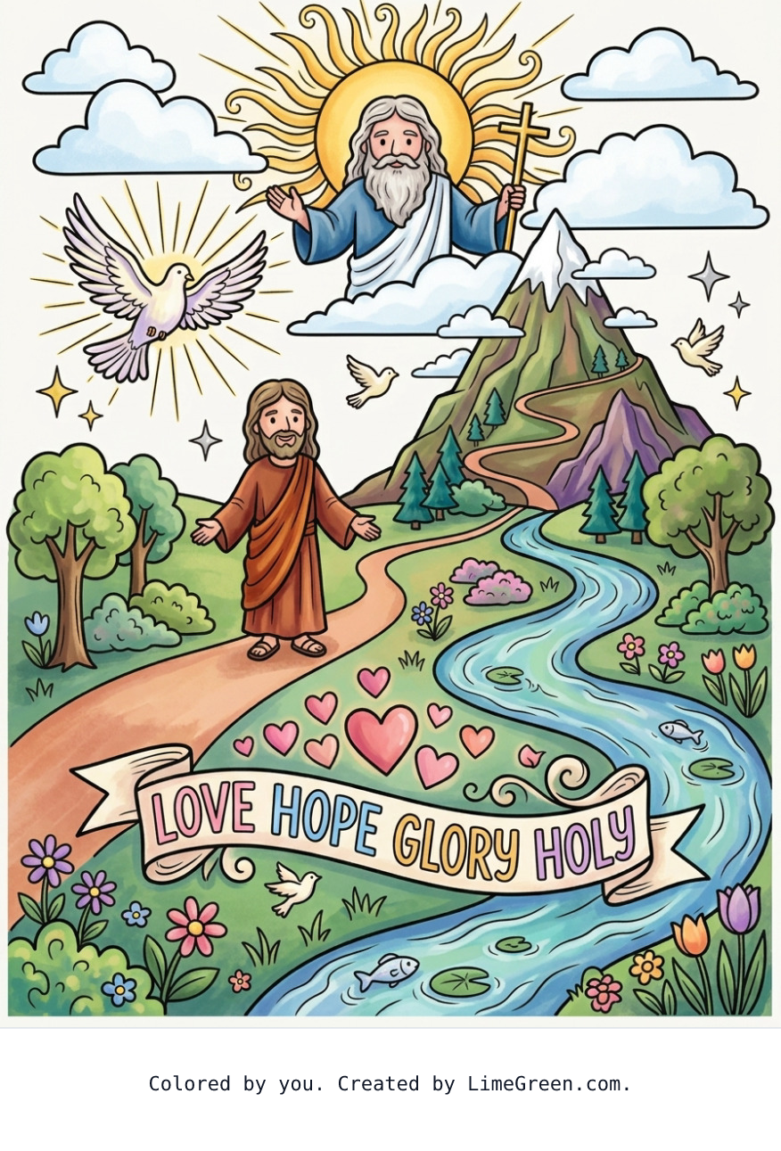 Colored preview of Jesus, God, Holy Spirit, love, hope, Glory, Holy, Mountain, River, water