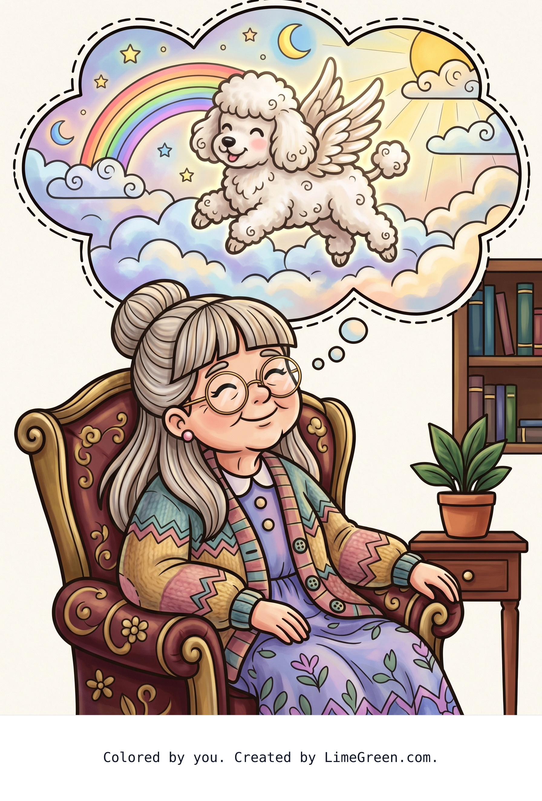 Colored preview of an old lady with long hair bangs and glasses thinking about her small poodle with wings in heaven in the background
