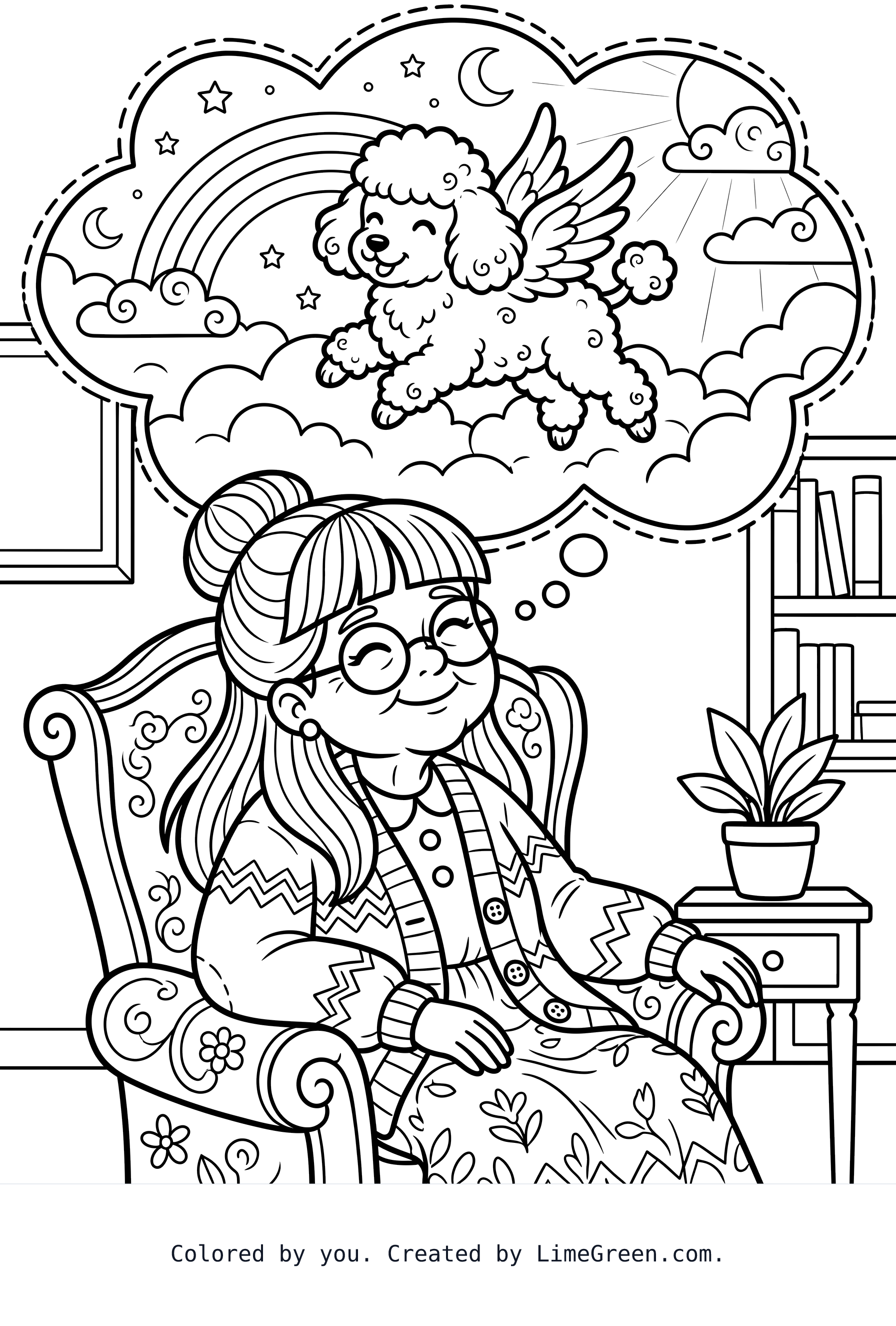 an old lady with long hair bangs and glasses thinking about her small poodle with wings in heaven in the background