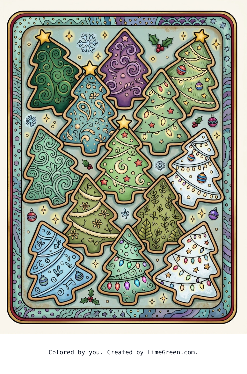 Colored preview of a zentangle style coloring page with frosted christmas tree shaped cookies arranged on a pan