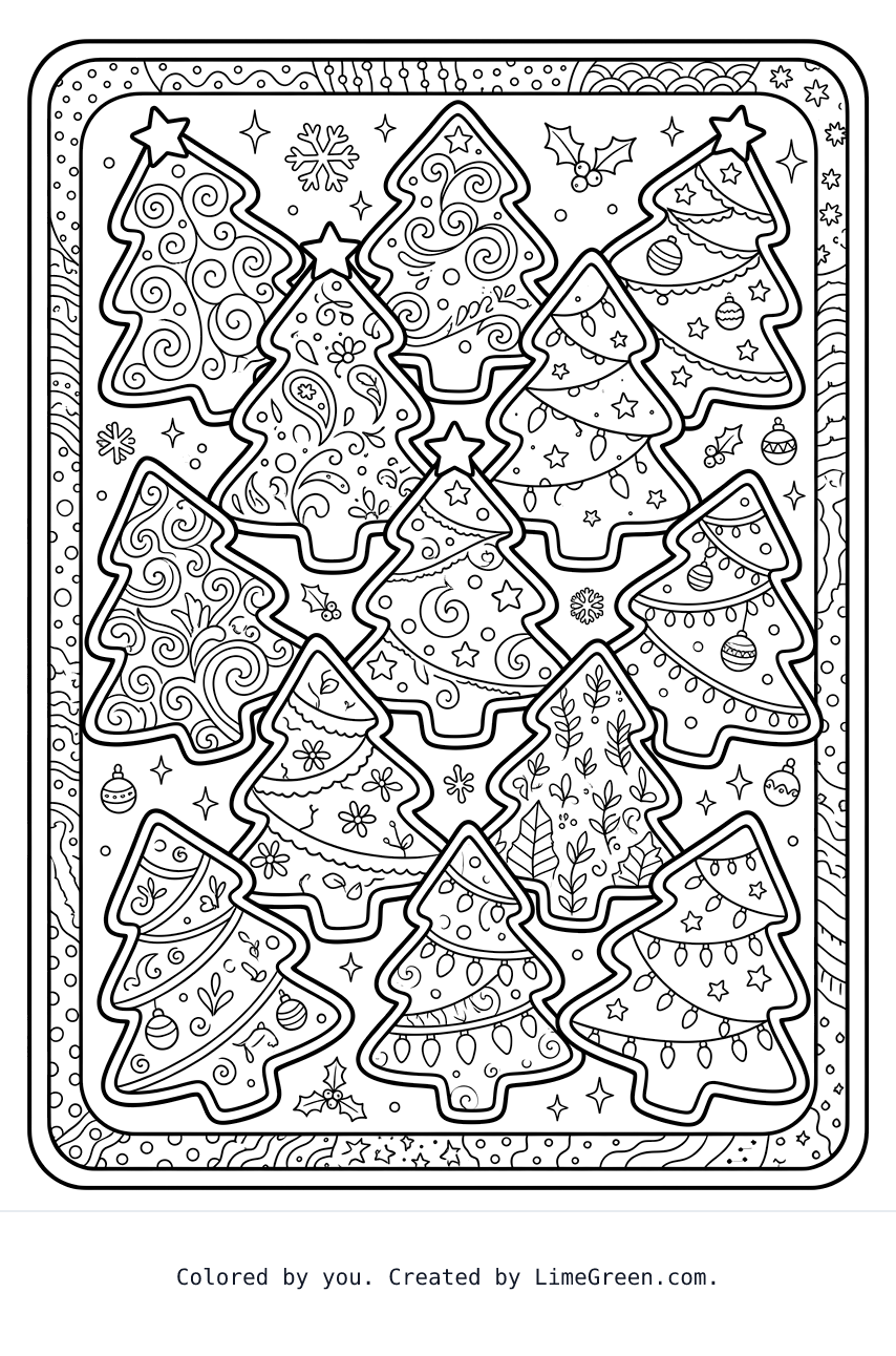 a zentangle style coloring page with frosted christmas tree shaped cookies arranged on a pan