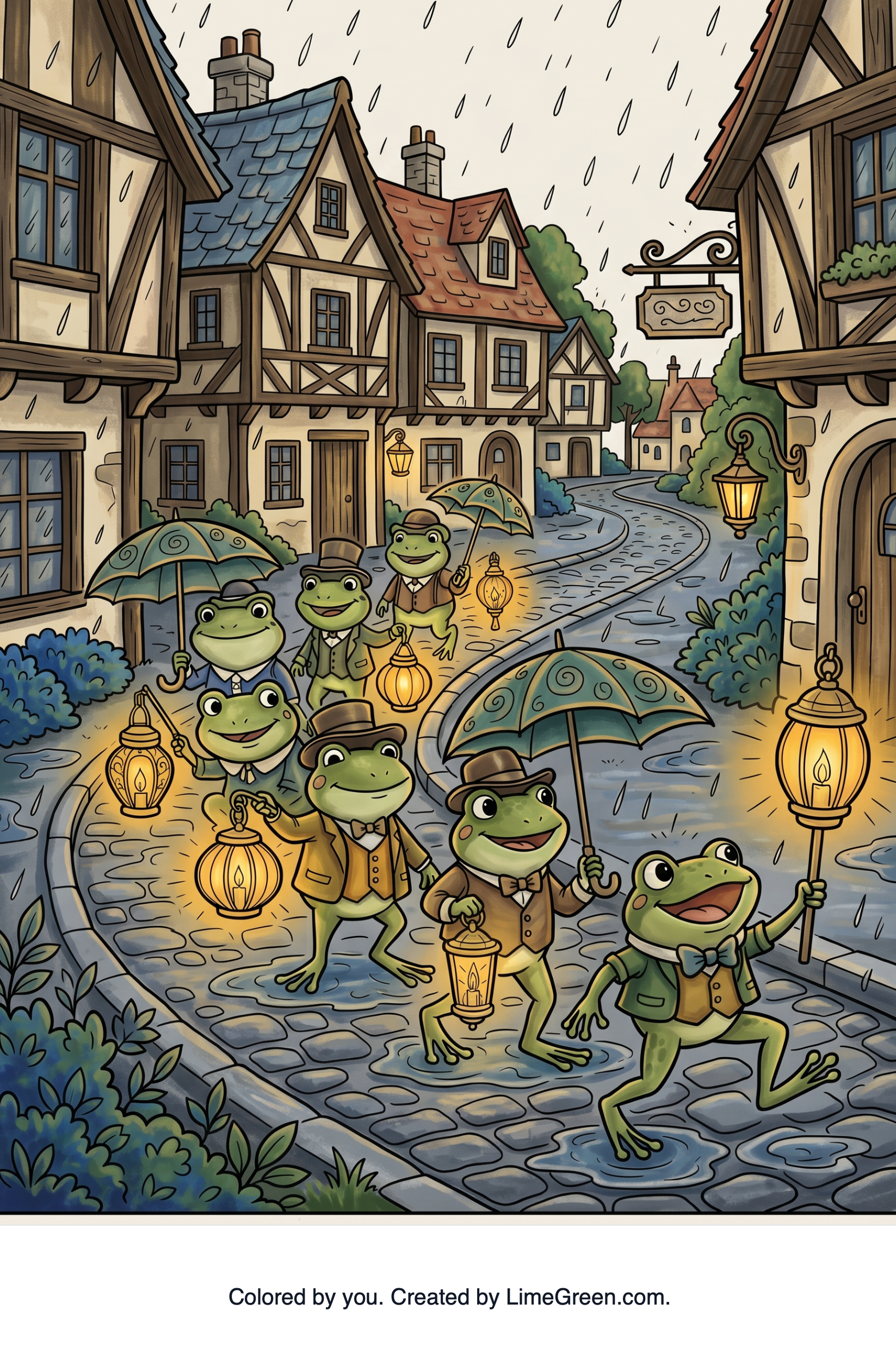 Colored preview of A parade of frogs carrying lanterns through a rainy storybook town