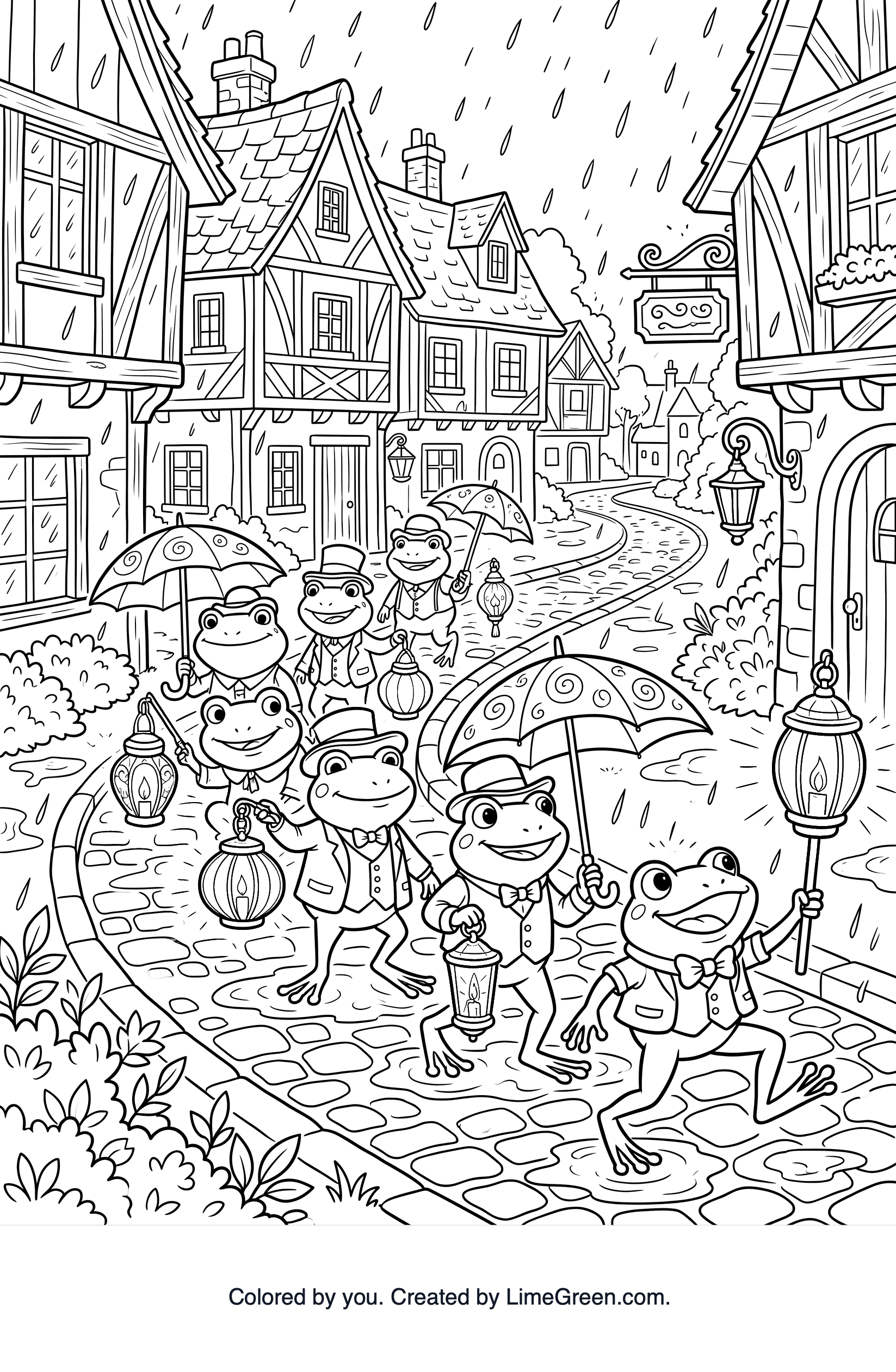 A parade of frogs carrying lanterns through a rainy storybook town