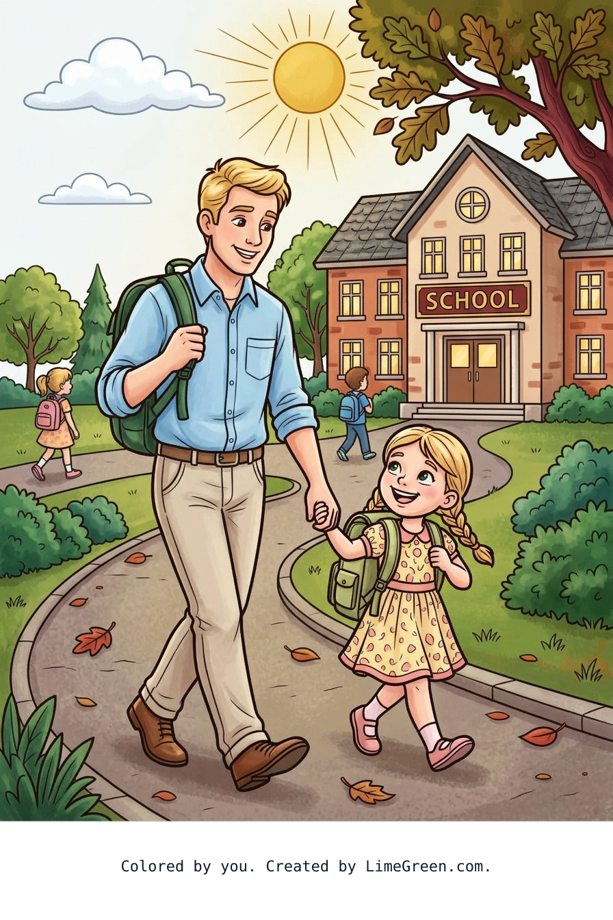 Colored preview of a dad and daughter walking to school