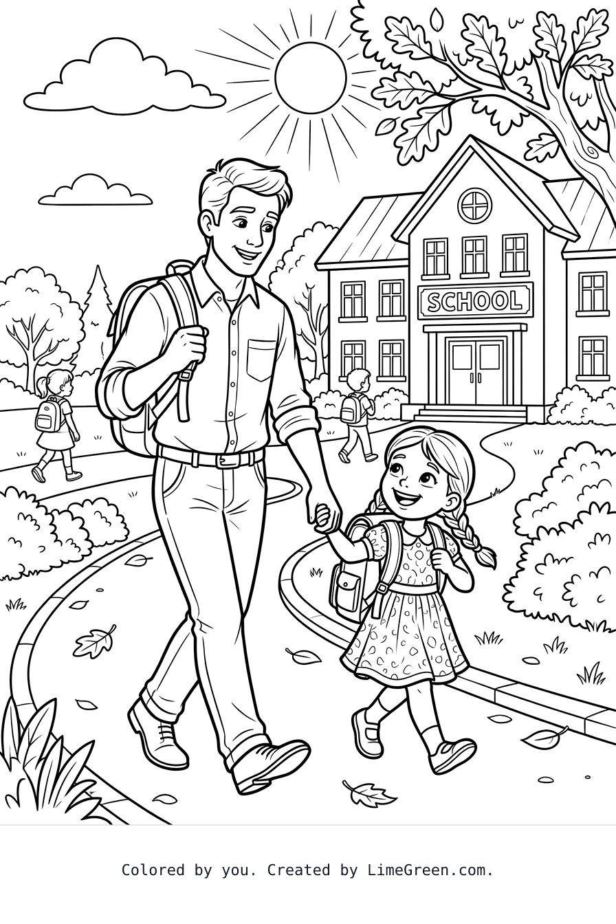 Printable a dad and daughter walking to school coloring page