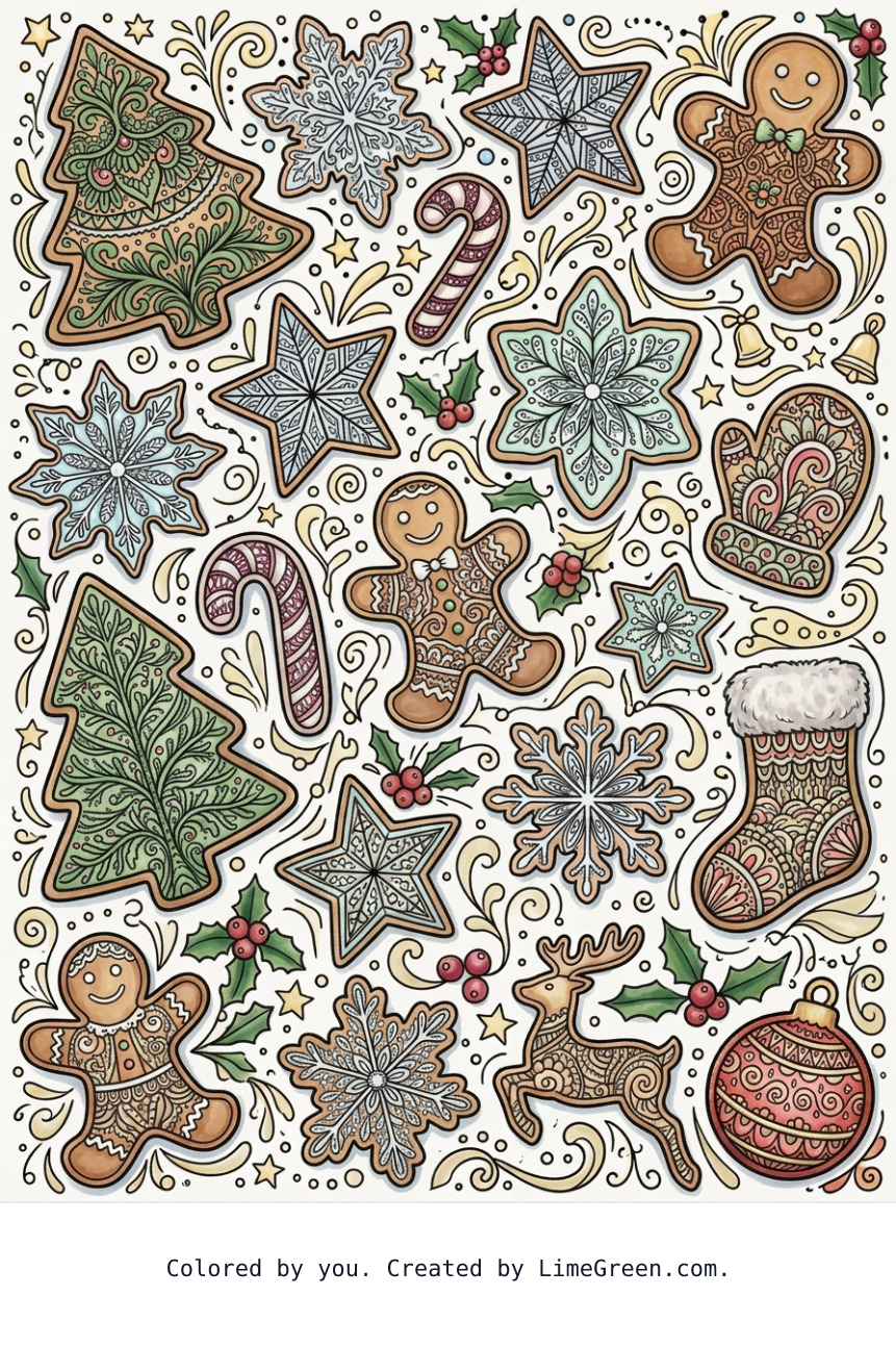 Colored preview of a zentangle style coloring page with christmas cookies scattered around in different sizes