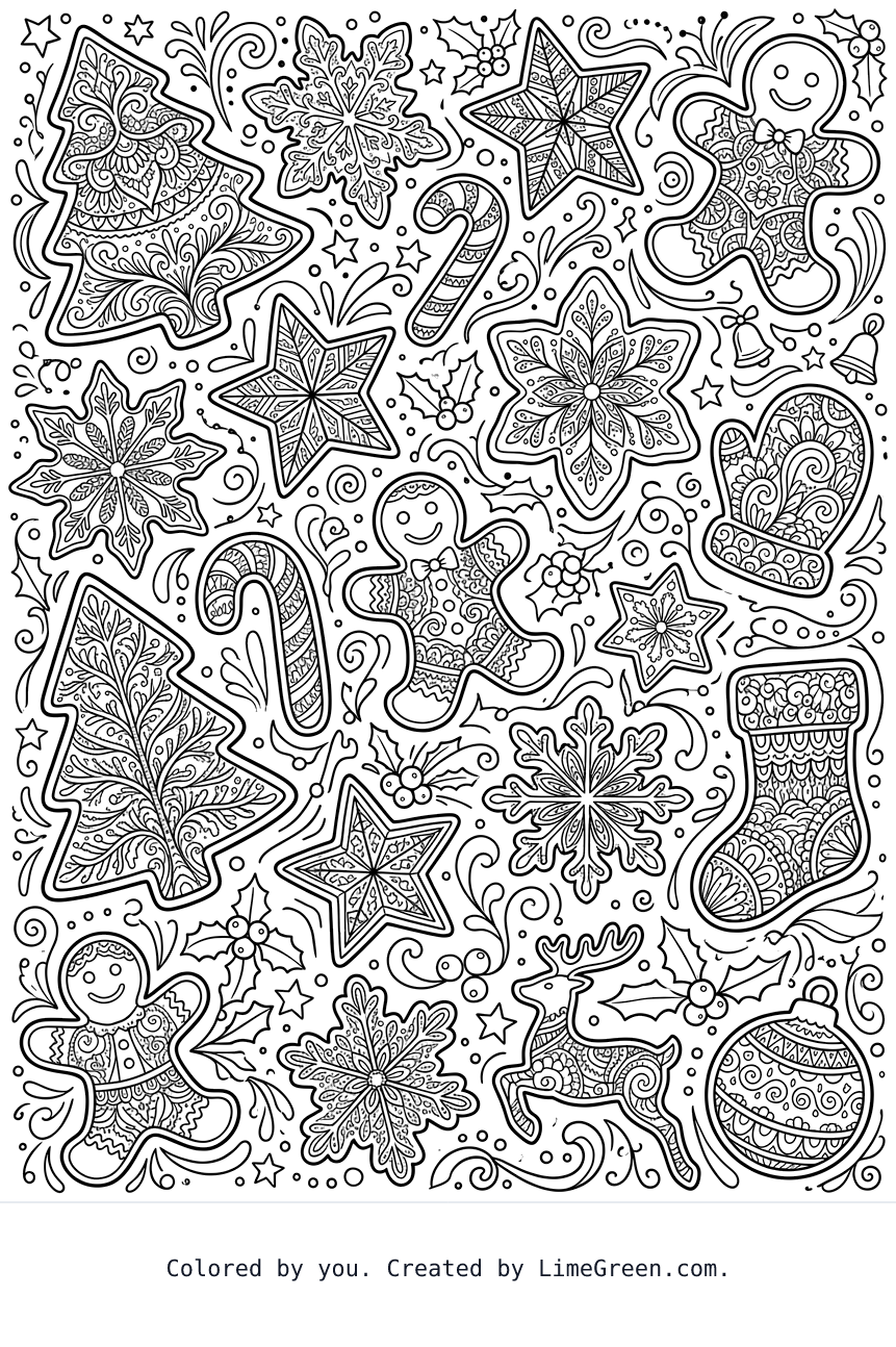 a zentangle style coloring page with christmas cookies scattered around in different sizes