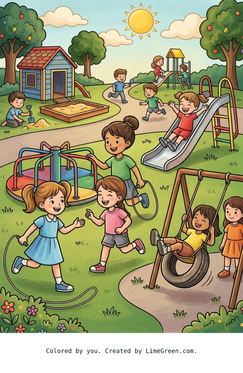 Colored preview of girls playing at recess with there kindergarten class