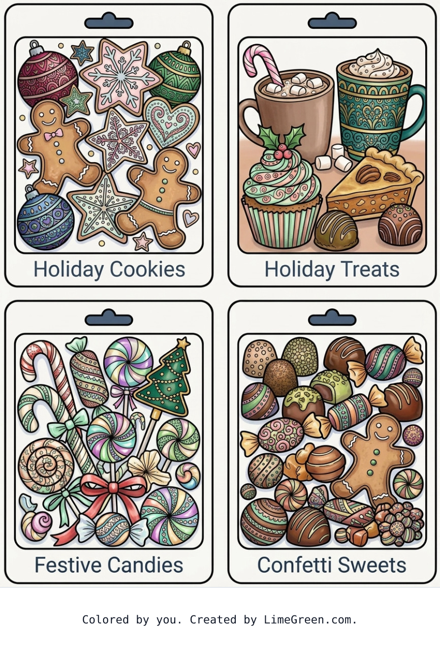 Colored preview of 4 separate photo style frames on a page, each with a unique zentangle set of holiday sweets and candies.