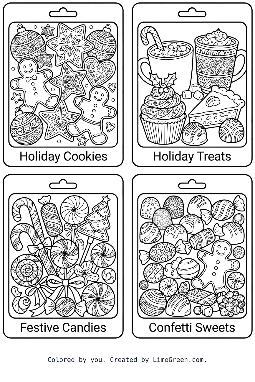 4 separate photo style frames on a page, each with a unique zentangle set of holiday sweets and candies.