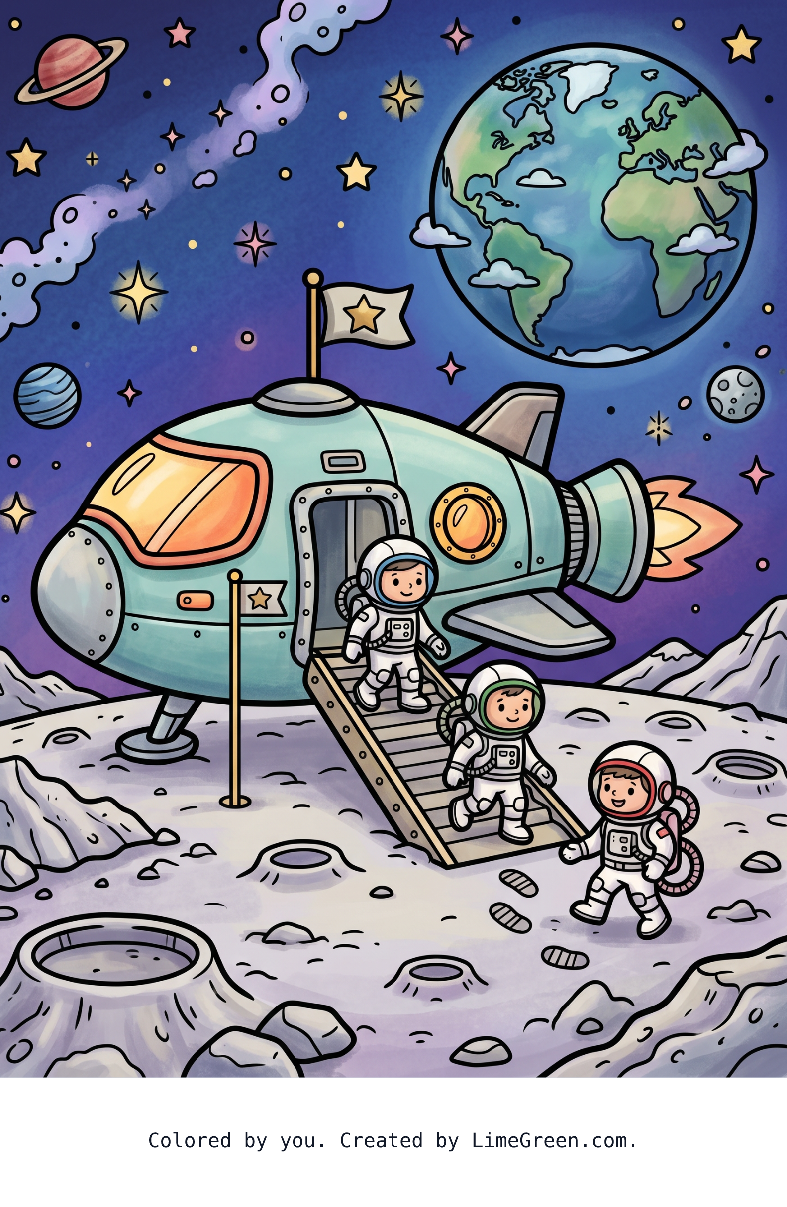 Colored preview of A spaceship landing on the moon.