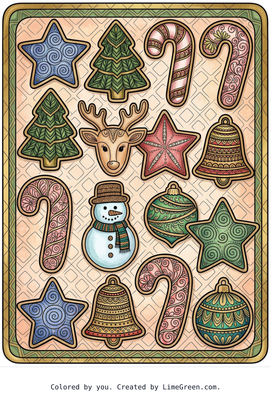 Colored preview of a zentangle style coloring page with frosted christmas cookies arranged on a pan