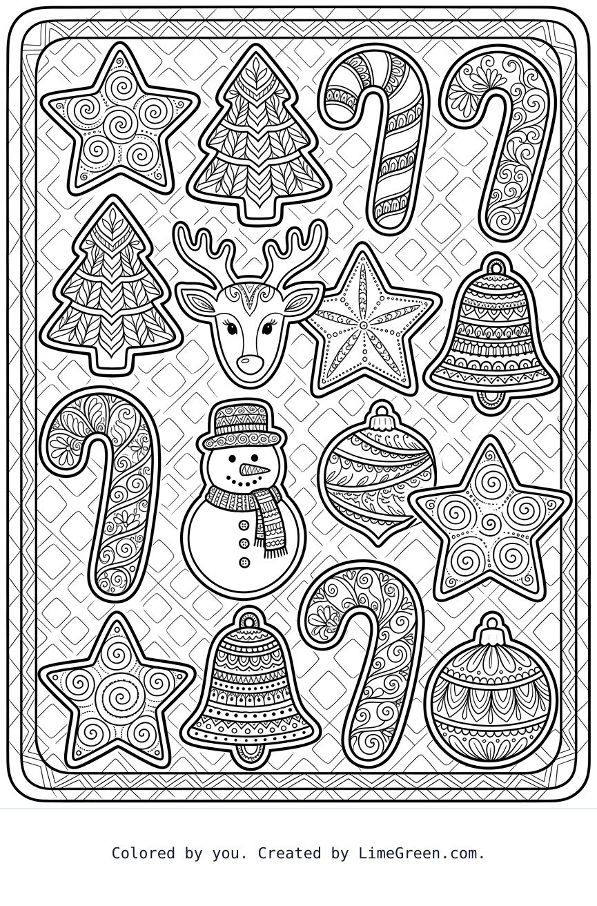 a zentangle style coloring page with frosted christmas cookies arranged on a pan