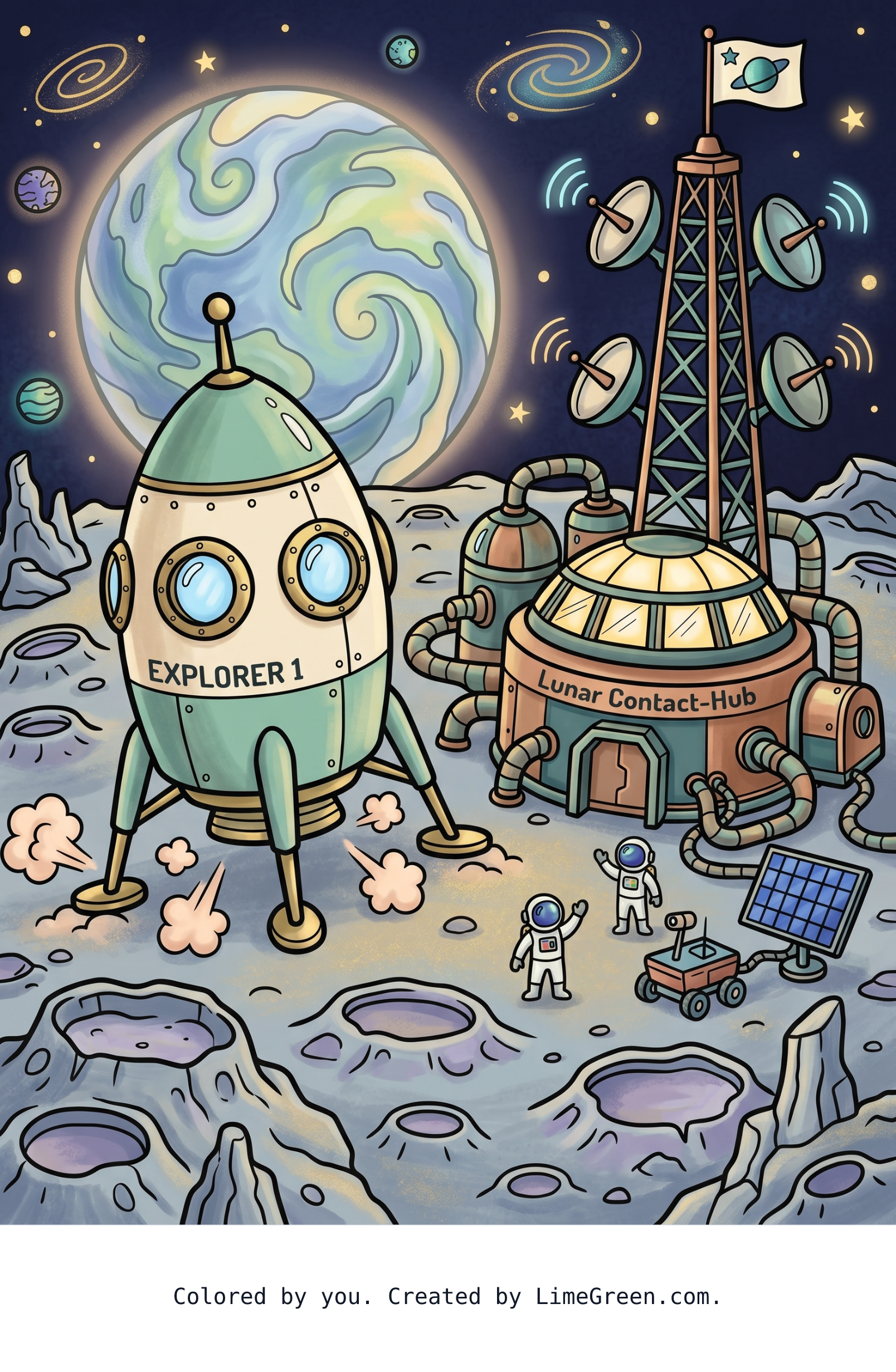 Colored preview of A spaceship landing on the moon after restarting the contact-hub service.