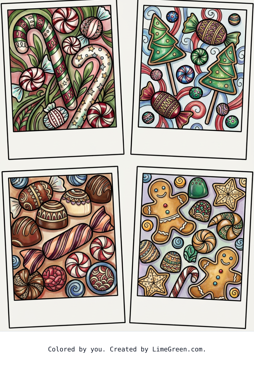 Colored preview of 4 separate photo style frames on a page, each with a unique zentangle series of christmas candies