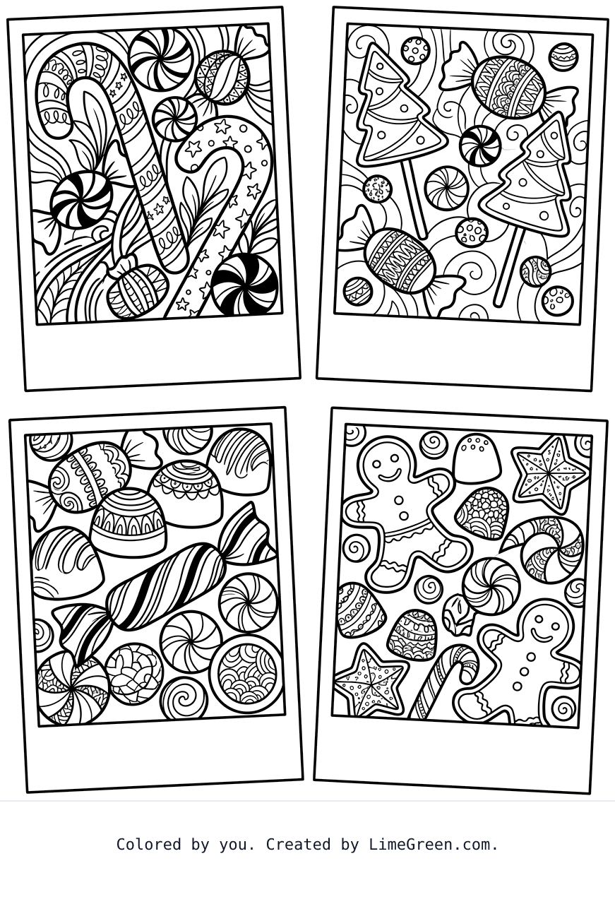 4 separate photo style frames on a page, each with a unique zentangle series of christmas candies