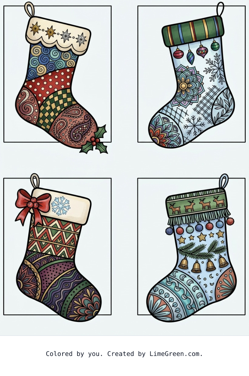 Colored preview of 4 separate photo style frames on a page, each with a unique zentangle christmas stocking