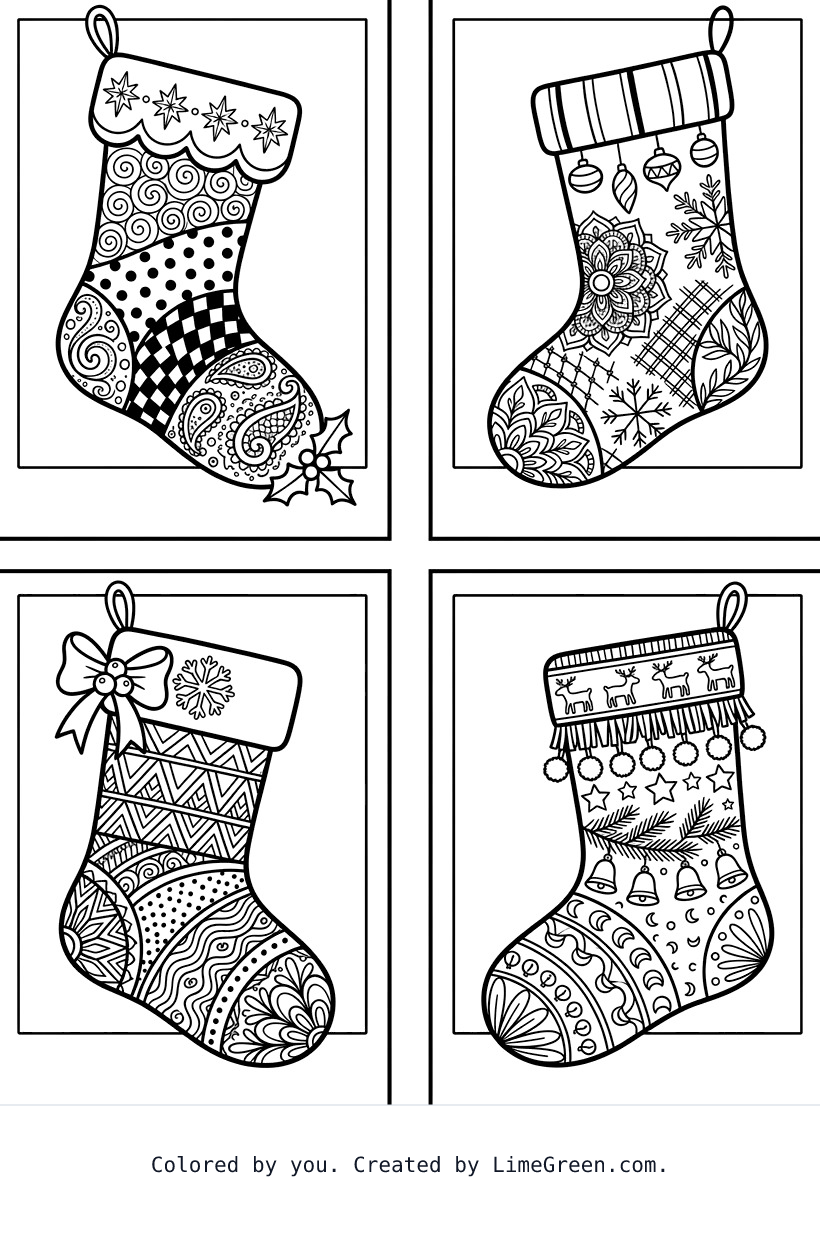 4 separate photo style frames on a page, each with a unique zentangle christmas stocking