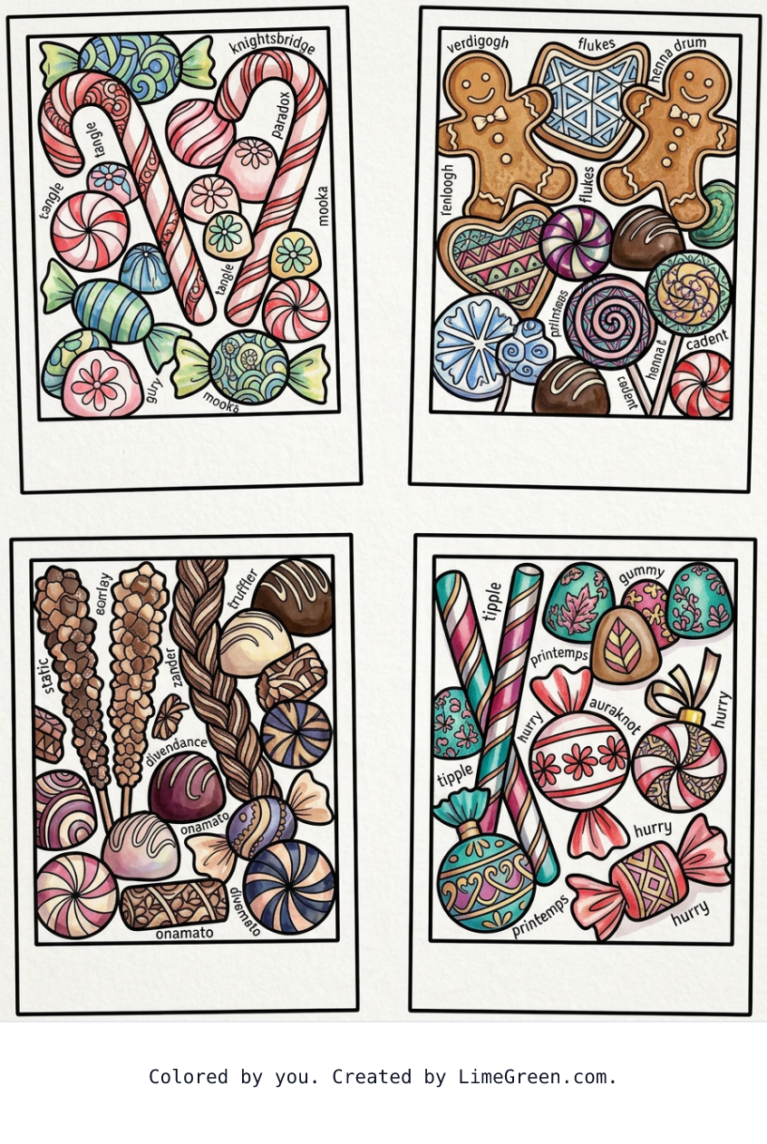 Colored preview of 4 separate photo style frames on a page, each with a unique zentangle set of holiday candies and sweets.