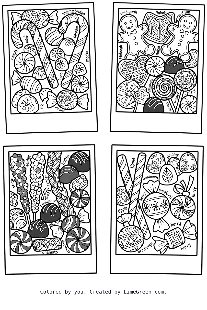 4 separate photo style frames on a page, each with a unique zentangle set of holiday candies and sweets.