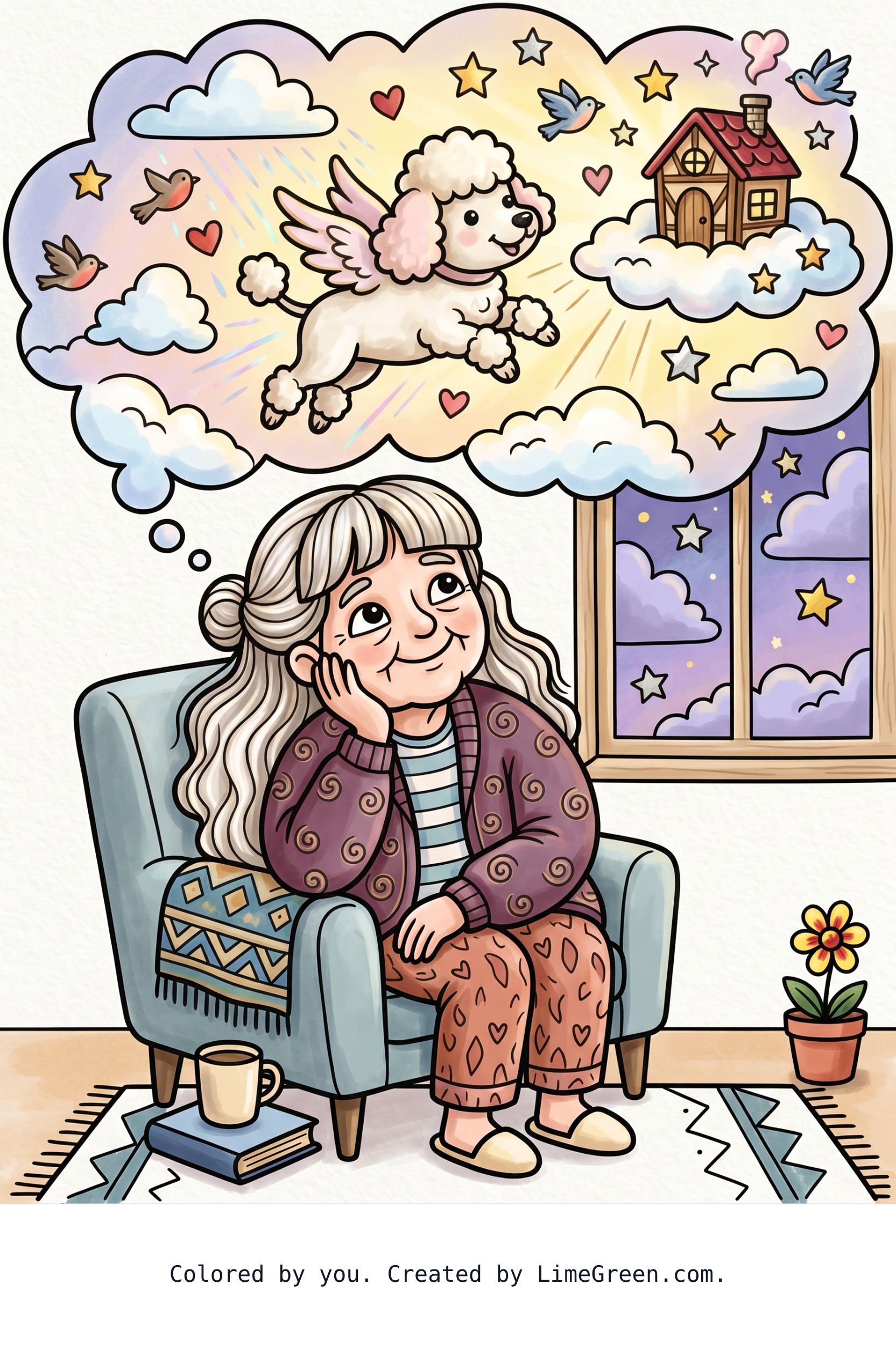 Colored preview of an old lady with long hair and bangs thinking about her small poodle with wings in heaven in the background