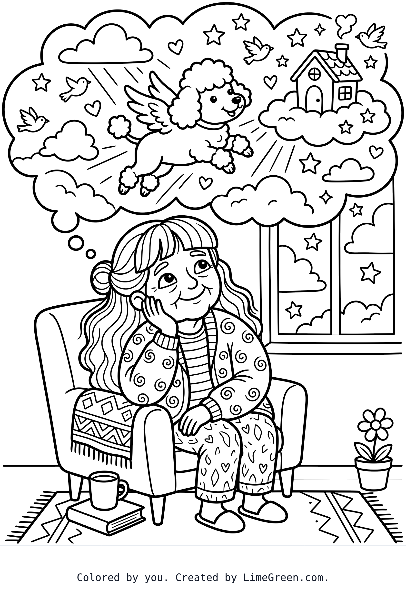 an old lady with long hair and bangs thinking about her small poodle with wings in heaven in the background