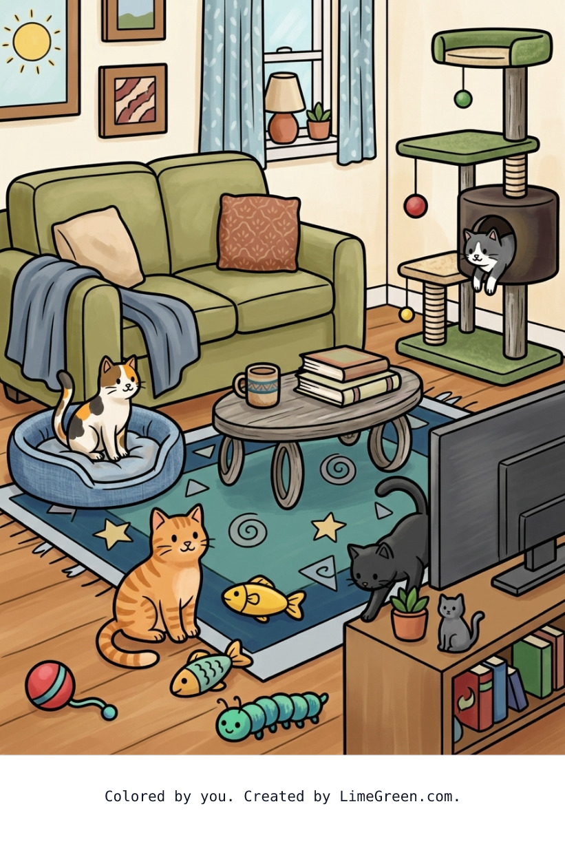Colored preview of four cats in a living room with a couch, a rug, a coffee table, a television & cabinet, a carpeted cat tree, cat bed, and assorted cat toys on the floor.